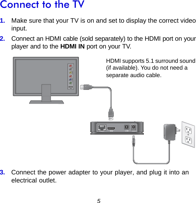 5Connect to the TV1.  Make sure that your TV is on and set to display the correct video input.2.  Connect an HDMI cable (sold separately) to the HDMI port on your player and to the HDMI IN port on your TV.HDMI supports 5.1 surround sound (if available). You do not need a separate audio cable.  3.  Connect the power adapter to your player, and plug it into an electrical outlet.