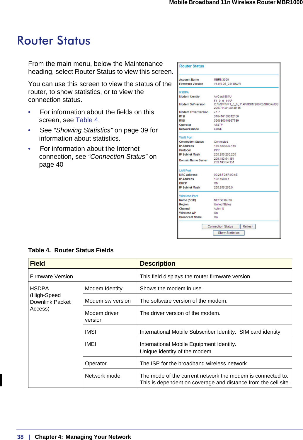 38   |   Chapter 4:  Managing Your Network  Mobile Broadband 11n Wireless Router MBR1000 Router StatusFrom the main menu, below the Maintenance heading, select Router Status to view this screen.You can use this screen to view the status of the router, to show statistics, or to view the connection status. •     For information about the fields on this screen, see Table 4.•     See “Showing Statistics” on page 39 for information about statistics.•     For information about the Internet connection, see “Connection Status” on page 40Table 4.  Router Status Fields  Field DescriptionFirmware Version This field displays the router firmware version.HSDPA  (High-Speed Downlink Packet Access)Modem Identity Shows the modem in use.Modem sw version The software version of the modem.Modem driver version The driver version of the modem.IMSI International Mobile Subscriber Identity.  SIM card identity.IMEI International Mobile Equipment Identity.Unique identity of the modem.Operator The ISP for the broadband wireless network.Network mode The mode of the current network the modem is connected to. This is dependent on coverage and distance from the cell site.