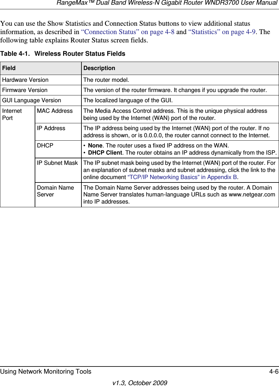 RangeMax™ Dual Band Wireless-N Gigabit Router WNDR3700 User Manual Using Network Monitoring Tools 4-6v1.3, October 2009You can use the Show Statistics and Connection Status buttons to view additional status information, as described in “Connection Status” on page 4-8 and “Statistics” on page 4-9. The following table explains Router Status screen fields.Table 4-1.  Wireless Router Status Fields Field  DescriptionHardware Version The router model.Firmware Version The version of the router firmware. It changes if you upgrade the router.GUI Language Version The localized language of the GUI.Internet PortMAC Address The Media Access Control address. This is the unique physical address being used by the Internet (WAN) port of the router. IP Address The IP address being used by the Internet (WAN) port of the router. If no address is shown, or is 0.0.0.0, the router cannot connect to the Internet.DHCP • None. The router uses a fixed IP address on the WAN.•DHCP Client. The router obtains an IP address dynamically from the ISP.IP Subnet Mask The IP subnet mask being used by the Internet (WAN) port of the router. For an explanation of subnet masks and subnet addressing, click the link to the online document “TCP/IP Networking Basics” in Appendix B.Domain Name ServerThe Domain Name Server addresses being used by the router. A Domain Name Server translates human-language URLs such as www.netgear.com into IP addresses.