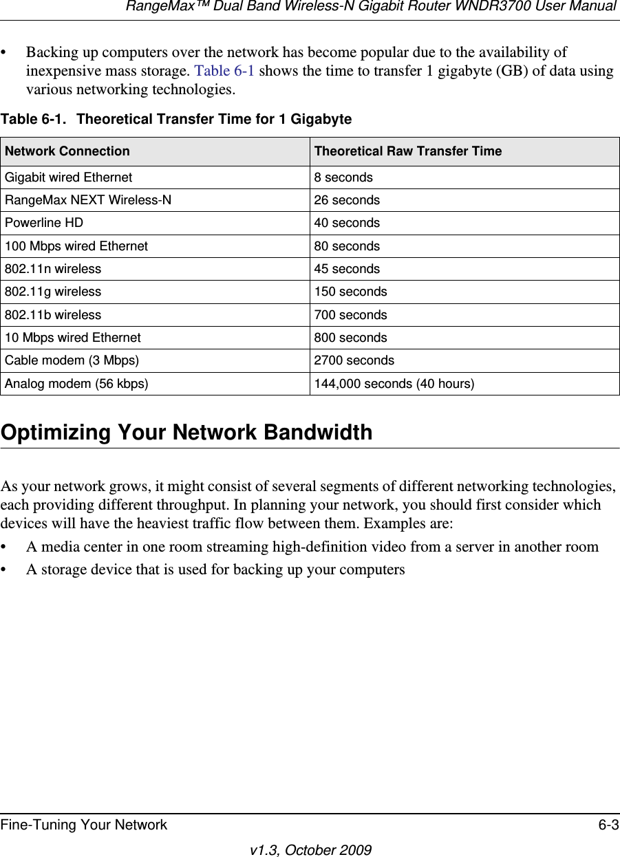 RangeMax™ Dual Band Wireless-N Gigabit Router WNDR3700 User Manual Fine-Tuning Your Network 6-3v1.3, October 2009• Backing up computers over the network has become popular due to the availability of inexpensive mass storage. Table 6-1 shows the time to transfer 1 gigabyte (GB) of data using various networking technologies.Optimizing Your Network BandwidthAs your network grows, it might consist of several segments of different networking technologies, each providing different throughput. In planning your network, you should first consider which devices will have the heaviest traffic flow between them. Examples are:• A media center in one room streaming high-definition video from a server in another room• A storage device that is used for backing up your computersTable 6-1.  Theoretical Transfer Time for 1 GigabyteNetwork Connection Theoretical Raw Transfer TimeGigabit wired Ethernet 8 secondsRangeMax NEXT Wireless-N 26 secondsPowerline HD 40 seconds100 Mbps wired Ethernet 80 seconds802.11n wireless 45 seconds802.11g wireless 150 seconds802.11b wireless 700 seconds10 Mbps wired Ethernet 800 secondsCable modem (3 Mbps) 2700 secondsAnalog modem (56 kbps) 144,000 seconds (40 hours)