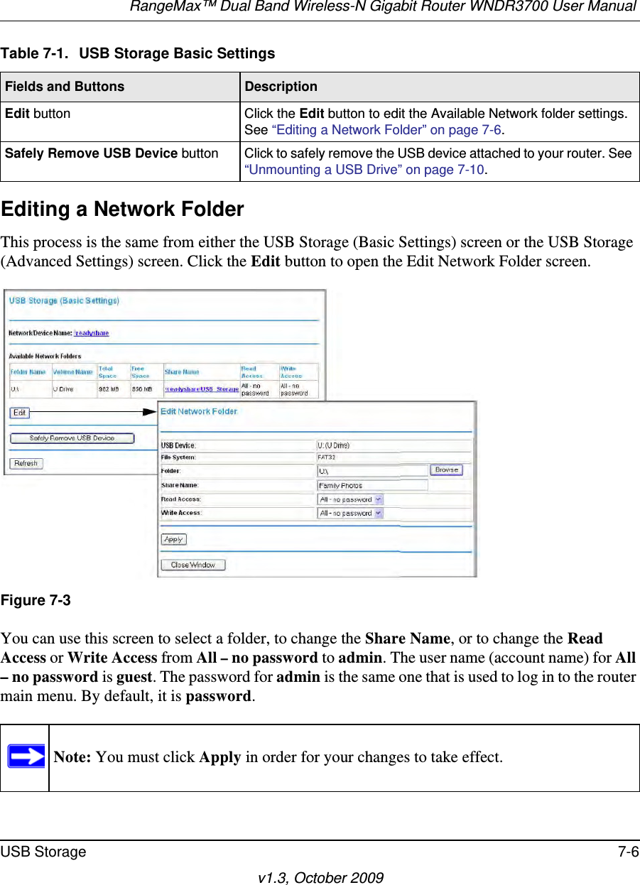 RangeMax™ Dual Band Wireless-N Gigabit Router WNDR3700 User Manual USB Storage 7-6v1.3, October 2009Editing a Network FolderThis process is the same from either the USB Storage (Basic Settings) screen or the USB Storage (Advanced Settings) screen. Click the Edit button to open the Edit Network Folder screen.You can use this screen to select a folder, to change the Share Name, or to change the Read Access or Write Access from All – no password to admin. The user name (account name) for All – no password is guest. The password for admin is the same one that is used to log in to the router main menu. By default, it is password.Edit button Click the Edit button to edit the Available Network folder settings. See “Editing a Network Folder” on page 7-6.Safely Remove USB Device button Click to safely remove the USB device attached to your router. See “Unmounting a USB Drive” on page 7-10.Figure 7-3Note: You must click Apply in order for your changes to take effect.Table 7-1.  USB Storage Basic SettingsFields and Buttons Description