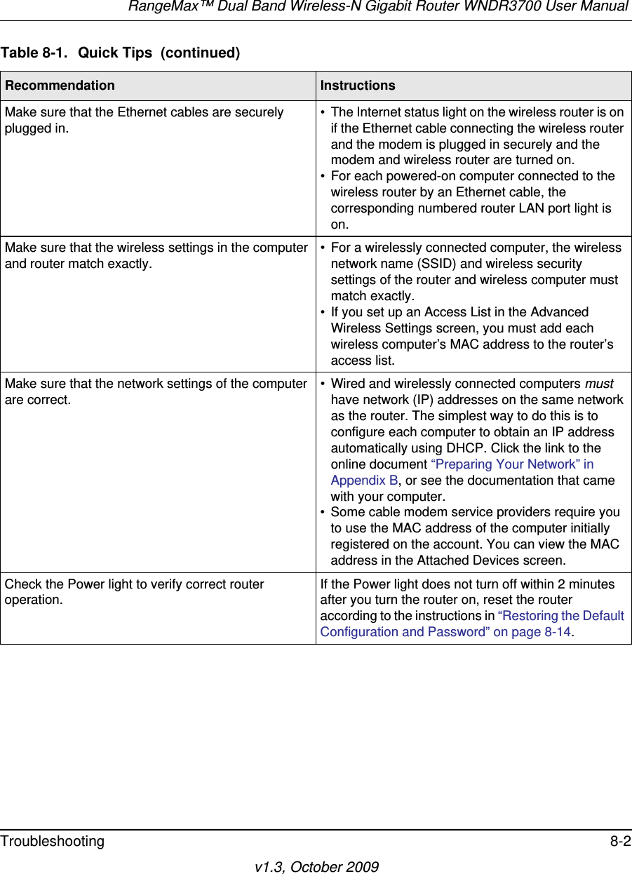 RangeMax™ Dual Band Wireless-N Gigabit Router WNDR3700 User Manual Troubleshooting 8-2v1.3, October 2009Make sure that the Ethernet cables are securely plugged in. • The Internet status light on the wireless router is on if the Ethernet cable connecting the wireless router and the modem is plugged in securely and the modem and wireless router are turned on. • For each powered-on computer connected to the wireless router by an Ethernet cable, the corresponding numbered router LAN port light is on. Make sure that the wireless settings in the computer and router match exactly. • For a wirelessly connected computer, the wireless network name (SSID) and wireless security settings of the router and wireless computer must match exactly. • If you set up an Access List in the Advanced Wireless Settings screen, you must add each wireless computer’s MAC address to the router’s access list.Make sure that the network settings of the computer are correct. • Wired and wirelessly connected computers must have network (IP) addresses on the same network as the router. The simplest way to do this is to configure each computer to obtain an IP address automatically using DHCP. Click the link to the online document “Preparing Your Network” in Appendix B, or see the documentation that came with your computer.• Some cable modem service providers require you to use the MAC address of the computer initially registered on the account. You can view the MAC address in the Attached Devices screen.Check the Power light to verify correct router operation. If the Power light does not turn off within 2 minutes after you turn the router on, reset the router according to the instructions in “Restoring the Default Configuration and Password” on page 8-14.Table 8-1.  Quick Tips  (continued)Recommendation Instructions
