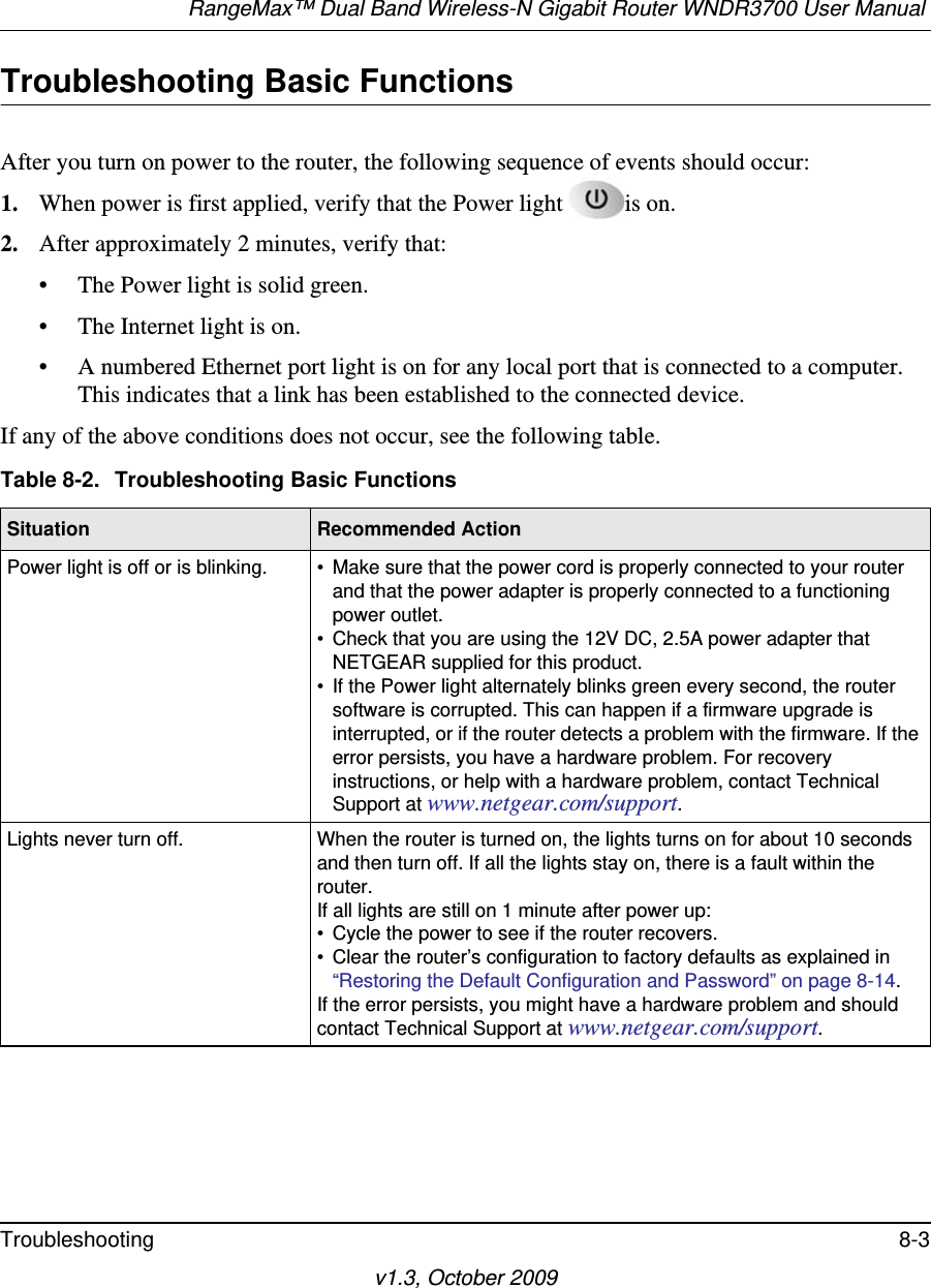 RangeMax™ Dual Band Wireless-N Gigabit Router WNDR3700 User Manual Troubleshooting 8-3v1.3, October 2009Troubleshooting Basic FunctionsAfter you turn on power to the router, the following sequence of events should occur:1. When power is first applied, verify that the Power light  is on.2. After approximately 2 minutes, verify that:• The Power light is solid green.• The Internet light is on.• A numbered Ethernet port light is on for any local port that is connected to a computer. This indicates that a link has been established to the connected device.If any of the above conditions does not occur, see the following table.Table 8-2.  Troubleshooting Basic FunctionsSituation Recommended ActionPower light is off or is blinking. • Make sure that the power cord is properly connected to your router and that the power adapter is properly connected to a functioning power outlet. • Check that you are using the 12V DC, 2.5A power adapter that NETGEAR supplied for this product.• If the Power light alternately blinks green every second, the router software is corrupted. This can happen if a firmware upgrade is interrupted, or if the router detects a problem with the firmware. If the error persists, you have a hardware problem. For recovery instructions, or help with a hardware problem, contact Technical Support at www.netgear.com/support.Lights never turn off. When the router is turned on, the lights turns on for about 10 seconds and then turn off. If all the lights stay on, there is a fault within the router.If all lights are still on 1 minute after power up:• Cycle the power to see if the router recovers.• Clear the router’s configuration to factory defaults as explained in “Restoring the Default Configuration and Password” on page 8-14.If the error persists, you might have a hardware problem and should contact Technical Support at www.netgear.com/support.