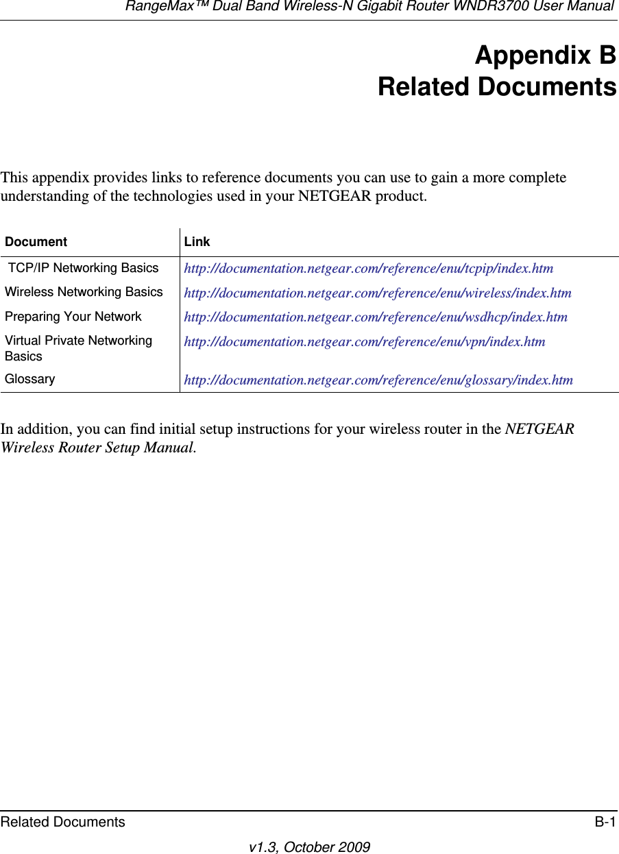 RangeMax™ Dual Band Wireless-N Gigabit Router WNDR3700 User Manual Related Documents B-1v1.3, October 2009Appendix BRelated DocumentsThis appendix provides links to reference documents you can use to gain a more complete understanding of the technologies used in your NETGEAR product.In addition, you can find initial setup instructions for your wireless router in the NETGEAR Wireless Router Setup Manual.Document Link TCP/IP Networking Basics http://documentation.netgear.com/reference/enu/tcpip/index.htmWireless Networking Basics http://documentation.netgear.com/reference/enu/wireless/index.htmPreparing Your Network  http://documentation.netgear.com/reference/enu/wsdhcp/index.htmVirtual Private Networking Basics http://documentation.netgear.com/reference/enu/vpn/index.htmGlossary http://documentation.netgear.com/reference/enu/glossary/index.htm