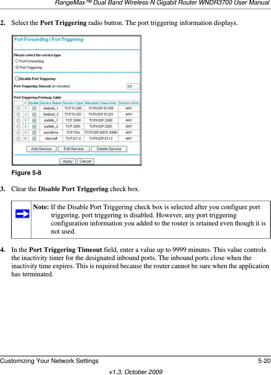 RangeMax™ Dual Band Wireless-N Gigabit Router WNDR3700 User Manual Customizing Your Network Settings 5-20v1.3, October 20092. Select the Port Triggering radio button. The port triggering information displays.3. Clear the Disable Port Triggering check box.4. In the Port Triggering Timeout field, enter a value up to 9999 minutes. This value controls the inactivity timer for the designated inbound ports. The inbound ports close when the inactivity time expires. This is required because the router cannot be sure when the application has terminated.Figure 5-8Note: If the Disable Port Triggering check box is selected after you configure port triggering, port triggering is disabled. However, any port triggering configuration information you added to the router is retained even though it is not used.