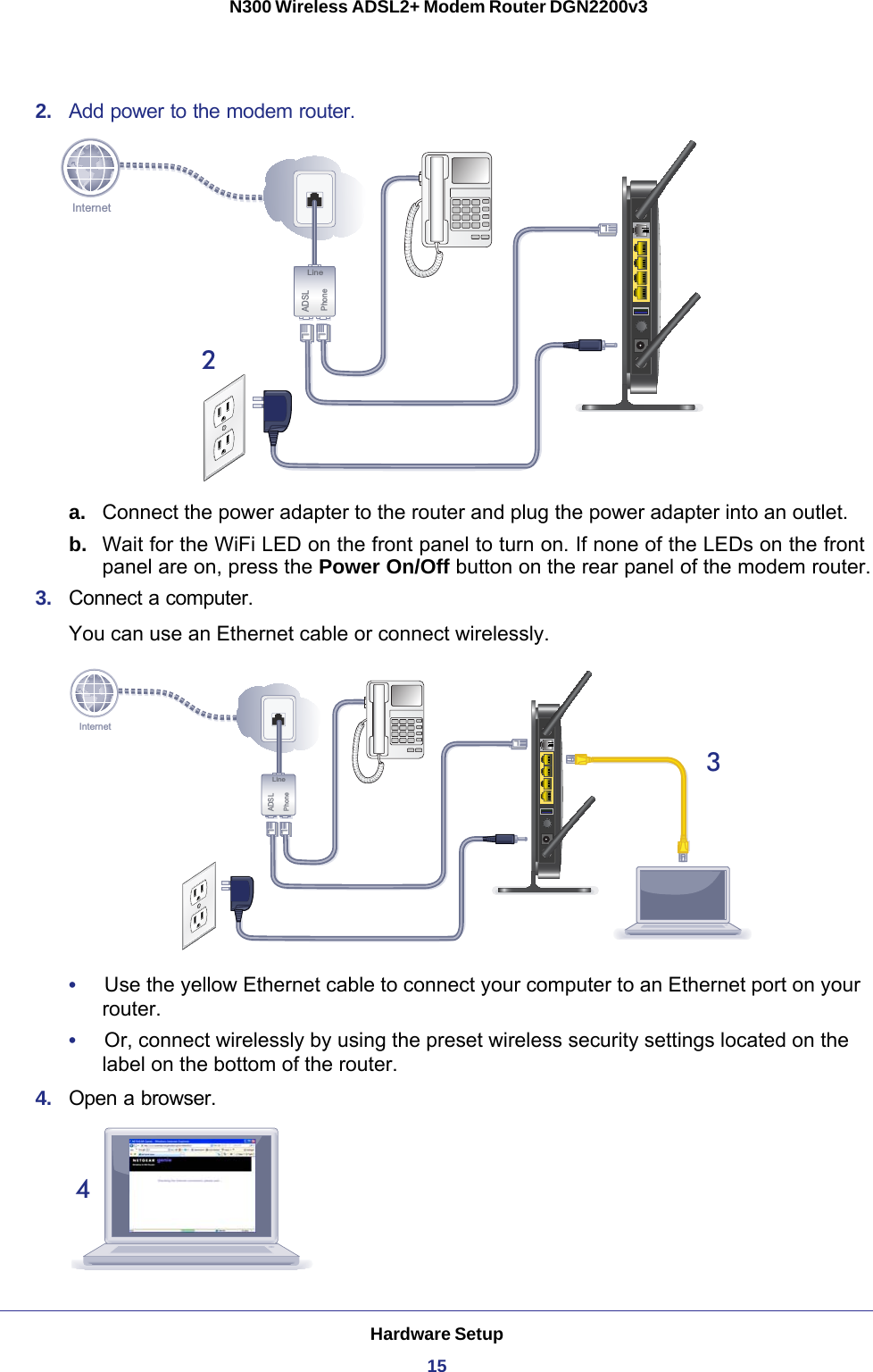 Hardware Setup15 N300 Wireless ADSL2+ Modem Router DGN2200v32.  Add power to the modem router.InternetADSLPhoneLine2a. Connect the power adapter to the router and plug the power adapter into an outlet.b.  Wait for the WiFi LED on the front panel to turn on. If none of the LEDs on the front panel are on, press the Power On/Off button on the rear panel of the modem router.3.  Connect a computer.You can use an Ethernet cable or connect wirelessly. InternetADSLPhoneLine3•     Use the yellow Ethernet cable to connect your computer to an Ethernet port on your router.•     Or, connect wirelessly by using the preset wireless security settings located on the label on the bottom of the router.4.  Open a browser.4