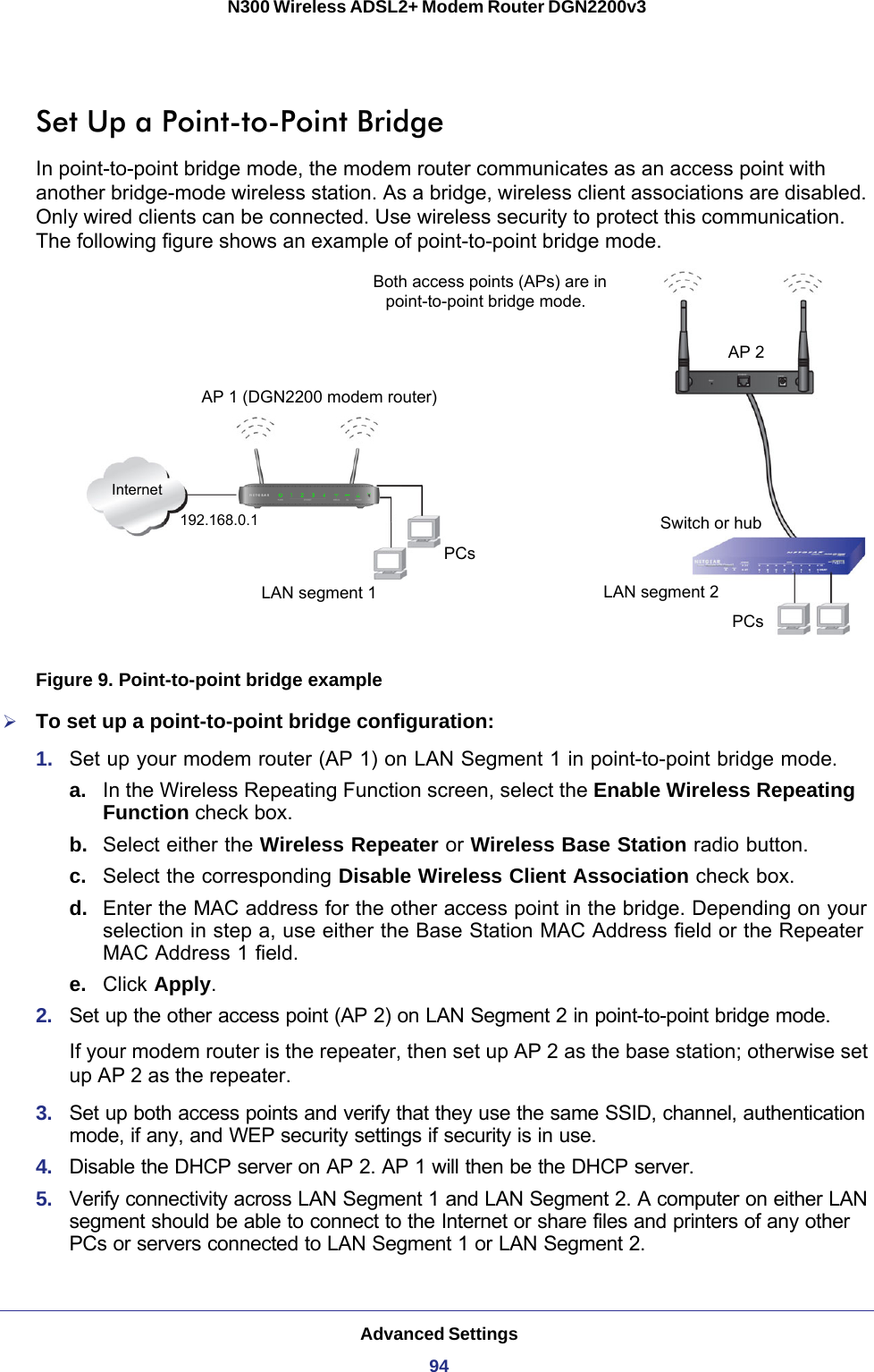 Advanced Settings94N300 Wireless ADSL2+ Modem Router DGN2200v3 Set Up a Point-to-Point BridgeIn point-to-point bridge mode, the modem router communicates as an access point with another bridge-mode wireless station. As a bridge, wireless client associations are disabled. Only wired clients can be connected. Use wireless security to protect this communication. The following figure shows an example of point-to-point bridge mode.  LAN segment 1PCsPCsLAN segment 2Switch or hubAP 2Both access points (APs) are in192.168.0.1InternetAP 1 (DGN2200 modem router)point-to-point bridge mode.Figure 9. Point-to-point bridge exampleTo set up a point-to-point bridge configuration:1.  Set up your modem router (AP 1) on LAN Segment 1 in point-to-point bridge mode.a. In the Wireless Repeating Function screen, select the Enable Wireless Repeating Function check box.b.  Select either the Wireless Repeater or Wireless Base Station radio button. c.  Select the corresponding Disable Wireless Client Association check box.d.  Enter the MAC address for the other access point in the bridge. Depending on your selection in step a, use either the Base Station MAC Address field or the Repeater MAC Address 1 field.e.  Click Apply.2.  Set up the other access point (AP 2) on LAN Segment 2 in point-to-point bridge mode.If your modem router is the repeater, then set up AP 2 as the base station; otherwise set up AP 2 as the repeater.3.  Set up both access points and verify that they use the same SSID, channel, authentication mode, if any, and WEP security settings if security is in use.4.  Disable the DHCP server on AP 2. AP 1 will then be the DHCP server.5.  Verify connectivity across LAN Segment 1 and LAN Segment 2. A computer on either LAN segment should be able to connect to the Internet or share files and printers of any other PCs or servers connected to LAN Segment 1 or LAN Segment 2.