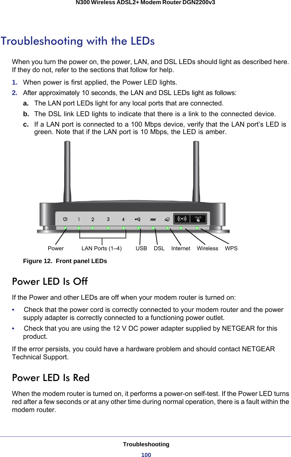 Troubleshooting100N300 Wireless ADSL2+ Modem Router DGN2200v3 Troubleshooting with the LEDsWhen you turn the power on, the power, LAN, and DSL LEDs should light as described here. If they do not, refer to the sections that follow for help.1.  When power is first applied, the Power LED lights.2.  After approximately 10 seconds, the LAN and DSL LEDs light as follows:a. The LAN port LEDs light for any local ports that are connected.b.  The DSL link LED lights to indicate that there is a link to the connected device.c.  If a LAN port is connected to a 100 Mbps device, verify that the LAN port’s LED is green. Note that if the LAN port is 10 Mbps, the LED is amber.Power LAN Ports (1–4) USB DSL Wireless WPSInternetFigure 12.  Front panel LEDsPower LED Is OffIf the Power and other LEDs are off when your modem router is turned on:•     Check that the power cord is correctly connected to your modem router and the power supply adapter is correctly connected to a functioning power outlet. •     Check that you are using the 12 V DC power adapter supplied by NETGEAR for this product.If the error persists, you could have a hardware problem and should contact NETGEAR Technical Support.Power LED Is RedWhen the modem router is turned on, it performs a power-on self-test. If the Power LED turns red after a few seconds or at any other time during normal operation, there is a fault within the modem router. 