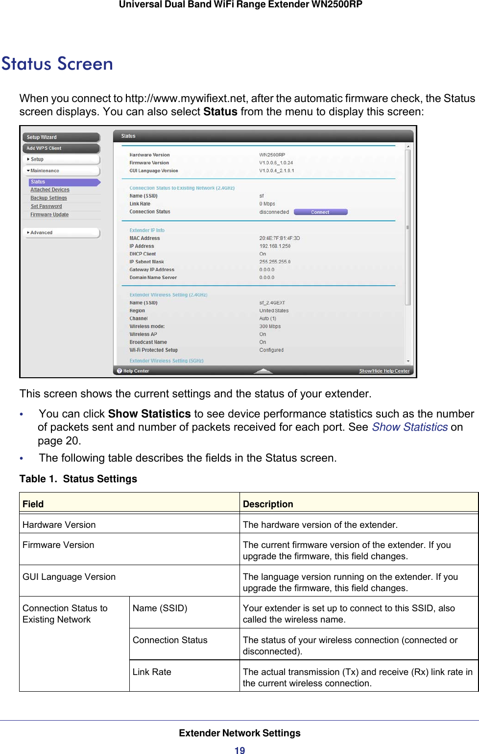 Extender Network Settings19 Universal Dual Band WiFi Range Extender WN2500RPStatus ScreenWhen you connect to http://www.mywifiext.net, after the automatic firmware check, the Status screen displays. You can also select Status from the menu to display this screen:This screen shows the current settings and the status of your extender.•     You can click Show Statistics to see device performance statistics such as the number of packets sent and number of packets received for each port. See Show Statistics on page  20.•     The following table describes the fields in the Status screen.Table 1.  Status Settings  Field DescriptionHardware Version The hardware version of the extender.Firmware Version The current firmware version of the extender. If you upgrade the firmware, this field changes.GUI Language Version The language version running on the extender. If you upgrade the firmware, this field changes.Connection Status to Existing NetworkName (SSID) Your extender is set up to connect to this SSID, also called the wireless name.Connection Status The status of your wireless connection (connected or disconnected).Link Rate The actual transmission (Tx) and receive (Rx) link rate in the current wireless connection.