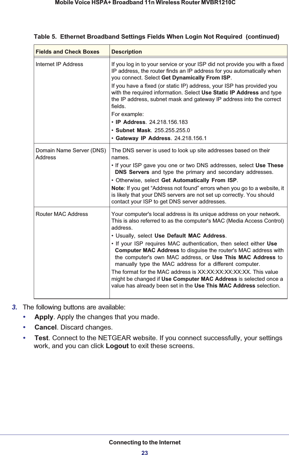 Connecting to the Internet23 Mobile Voice HSPA+ Broadband 11n Wireless Router MVBR1210C3. The following buttons are available:•Apply. Apply the changes that you made.•Cancel. Discard changes.•Test. Connect to the NETGEAR website. If you connect successfully, your settings work, and you can click Logout to exit these screens.Internet IP Address If you log in to your service or your ISP did not provide you with a fixed IP address, the router finds an IP address for you automatically when you connect. Select Get Dynamically From ISP.If you have a fixed (or static IP) address, your ISP has provided you with the required information. Select Use Static IP Address and type the IP address, subnet mask and gateway IP address into the correct fields.For example: •IP Address. 24.218.156.183 •Subnet Mask. 255.255.255.0 •Gateway IP Address. 24.218.156.1 Domain Name Server (DNS) AddressThe DNS server is used to look up site addresses based on their names.• If your ISP gave you one or two DNS addresses, select Use These DNS Servers and type the primary and secondary addresses. • Otherwise, select Get Automatically From ISP.Note: If you get “Address not found” errors when you go to a website, it is likely that your DNS servers are not set up correctly. You should contact your ISP to get DNS server addresses. Router MAC Address Your computer&apos;s local address is its unique address on your network. This is also referred to as the computer&apos;s MAC (Media Access Control) address.• Usually, select Use Default MAC Address.• If your ISP requires MAC authentication, then select either UseComputer MAC Address to disguise the router&apos;s MAC address with the computer&apos;s own MAC address, or Use This MAC Address to manually type the MAC address for a different computer. The format for the MAC address is XX:XX:XX:XX:XX:XX. This value might be changed if Use Computer MAC Address is selected once a value has already been set in the Use This MAC Address selection. Table 5.  Ethernet Broadband Settings Fields When Login Not Required  (continued)Fields and Check Boxes Description