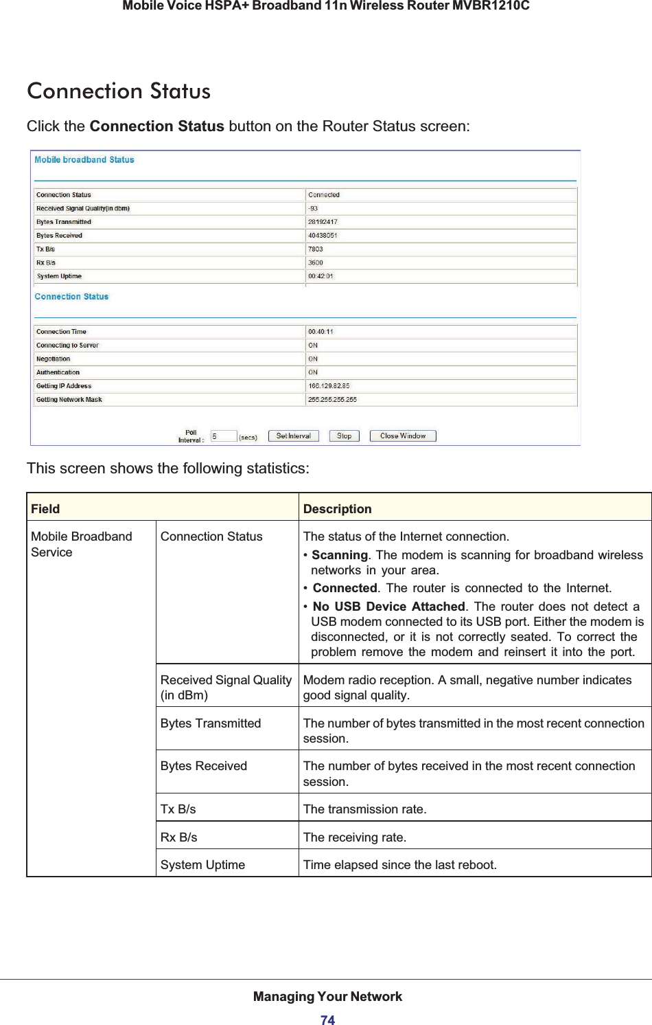 Managing Your Network74Mobile Voice HSPA+ Broadband 11n Wireless Router MVBR1210C Connection StatusClick the Connection Status button on the Router Status screen:This screen shows the following statistics:Field DescriptionMobile Broadband ServiceConnection Status The status of the Internet connection.•Scanning. The modem is scanning for broadband wireless networks in your area.•Connected. The router is connected to the Internet.•No USB Device Attached. The router does not detect a USB modem connected to its USB port. Either the modem is disconnected, or it is not correctly seated. To correct the problem remove the modem and reinsert it into the port.Received Signal Quality (in dBm)Modem radio reception. A small, negative number indicates good signal quality.Bytes Transmitted The number of bytes transmitted in the most recent connection session.Bytes Received The number of bytes received in the most recent connection session.Tx B/s The transmission rate.Rx B/s The receiving rate.System Uptime Time elapsed since the last reboot.