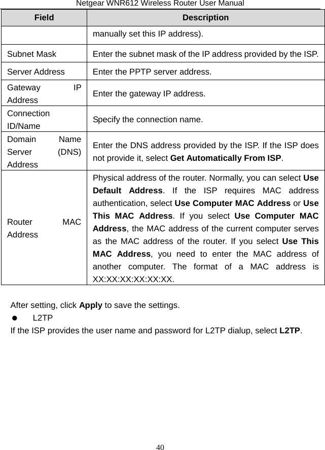 Netgear WNR612 Wireless Router User Manual 40 Field  Description manually set this IP address). Subnet Mask  Enter the subnet mask of the IP address provided by the ISP. Server Address  Enter the PPTP server address. Gateway IP Address  Enter the gateway IP address. Connection ID/Name  Specify the connection name. Domain Name Server (DNS) Address Enter the DNS address provided by the ISP. If the ISP does not provide it, select Get Automatically From ISP. Router MAC Address Physical address of the router. Normally, you can select Use Default Address. If the ISP requires MAC address authentication, select Use Computer MAC Address or Use This MAC Address. If you select Use Computer MAC Address, the MAC address of the current computer serves as the MAC address of the router. If you select Use This MAC Address, you need to enter the MAC address of another computer. The format of a MAC address is XX:XX:XX:XX:XX:XX.  After setting, click Apply to save the settings.   L2TP If the ISP provides the user name and password for L2TP dialup, select L2TP. 