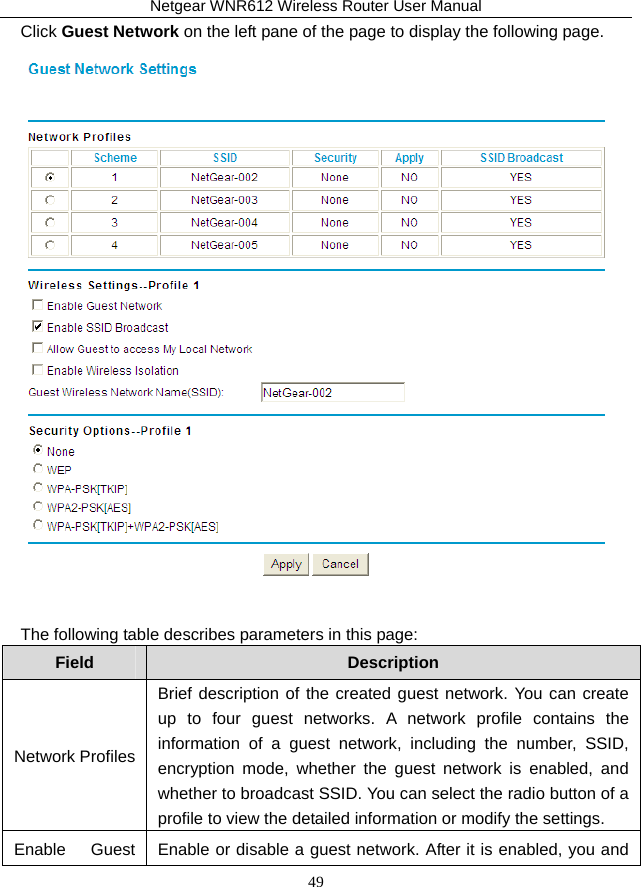 Netgear WNR612 Wireless Router User Manual 49 Click Guest Network on the left pane of the page to display the following page.   The following table describes parameters in this page: Field  Description Network Profiles Brief description of the created guest network. You can create up to four guest networks. A network profile contains the information of a guest network, including the number, SSID, encryption mode, whether the guest network is enabled, and whether to broadcast SSID. You can select the radio button of a profile to view the detailed information or modify the settings. Enable  Guest  Enable or disable a guest network. After it is enabled, you and 