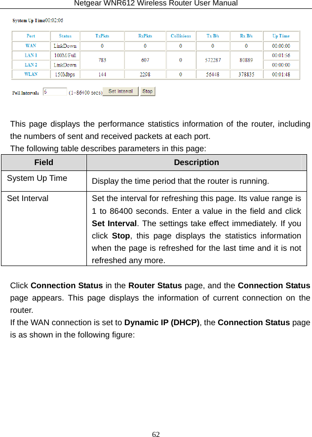 Netgear WNR612 Wireless Router User Manual 62   This page displays the performance statistics information of the router, including the numbers of sent and received packets at each port.   The following table describes parameters in this page: Field  Description System Up Time  Display the time period that the router is running. Set Interval  Set the interval for refreshing this page. Its value range is 1 to 86400 seconds. Enter a value in the field and click Set Interval. The settings take effect immediately. If you click  Stop, this page displays the statistics information when the page is refreshed for the last time and it is not refreshed any more.  Click Connection Status in the Router Status page, and the Connection Status page appears. This page displays the information of current connection on the router. If the WAN connection is set to Dynamic IP (DHCP), the Connection Status page is as shown in the following figure: 