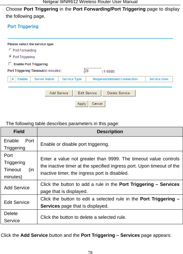 Netgear WNR612 Wireless Router User Manual 78 Choose Port Triggering in the Port Forwarding/Port Triggering page to display the following page.   The following table describes parameters in this page: Field  Description Enable Port Triggering  Enable or disable port triggering. Port Triggering Timeout (in minutes) Enter a value not greater than 9999. The timeout value controls the inactive timer at the specified ingress port. Upon timeout of the inactive timer, the ingress port is disabled. Add Service  Click the button to add a rule in the Port Triggering – Services page that is displayed. Edit Service  Click the button to edit a selected rule in the Port Triggering – Services page that is displayed. Delete Service  Click the button to delete a selected rule.  Click the Add Service button and the Port Triggering – Services page appears: 