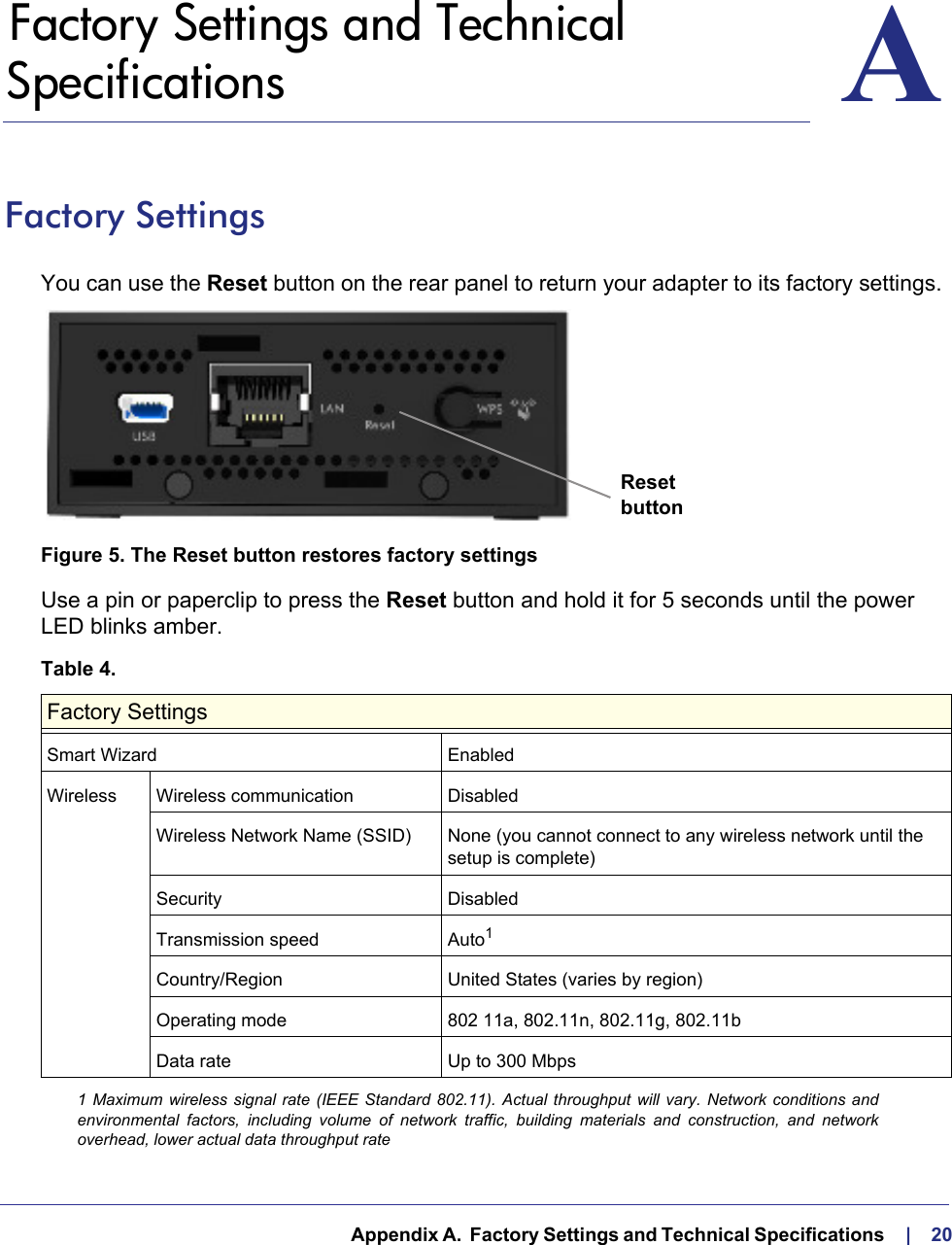   Appendix A.  Factory Settings and Technical Specifications     |    20AA.   Factory Settings and Technical SpecificationsFactory SettingsYou can use the Reset button on the rear panel to return your adapter to its factory settings. ResetbuttonFigure 5. The Reset button restores factory settingsUse a pin or paperclip to press the Reset button and hold it for 5 seconds until the power LED blinks amber.Table 4.  Factory SettingsSmart Wizard EnabledWireless Wireless communication Disabled Wireless Network Name (SSID) None (you cannot connect to any wireless network until the setup is complete)Security DisabledTransmission speed Auto11 Maximum wireless signal rate (IEEE Standard 802.11). Actual throughput will vary. Network conditions and environmental factors, including volume of network traffic, building materials and construction, and network overhead, lower actual data throughput rateCountry/Region United States (varies by region)Operating mode 802 11a, 802.11n, 802.11g, 802.11bData rate Up to 300 Mbps