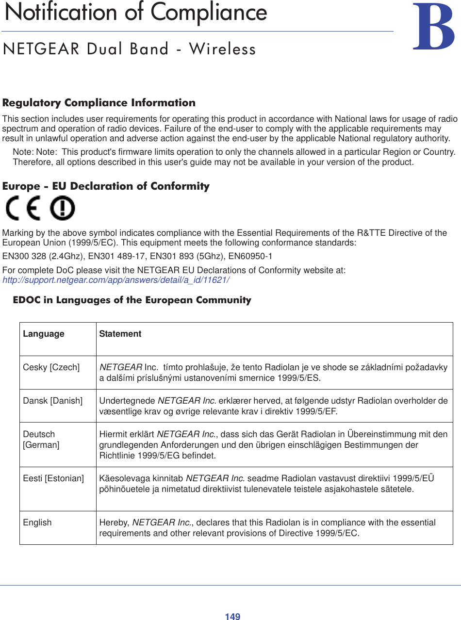 149BB. Notification of ComplianceNETGEAR Dual Band - WirelessRegulatory Compliance InformationThis section includes user requirements for operating this product in accordance with National laws for usage of radio spectrum and operation of radio devices. Failure of the end-user to comply with the applicable requirements may result in unlawful operation and adverse action against the end-user by the applicable National regulatory authority.Note: Note:  This product&apos;s firmware limits operation to only the channels allowed in a particular Region or Country.  Therefore, all options described in this user&apos;s guide may not be available in your version of the product.Europe - EU Declaration of ConformityMarking by the above symbol indicates compliance with the Essential Requirements of the R&amp;TTE Directive of the European Union (1999/5/EC). This equipment meets the following conformance standards: EN300 328 (2.4Ghz), EN301 489-17, EN301 893 (5Ghz), EN60950-1For complete DoC please visit the NETGEAR EU Declarations of Conformity website at: http://support.netgear.com/app/answers/detail/a_id/11621/ EDOC in Languages of the European CommunityLanguage StatementCesky [Czech] NETGEAR Inc.  tímto prohlašuje, že tento Radiolan je ve shode se základními požadavky a dalšími príslušnými ustanoveními smernice 1999/5/ES.Dansk [Danish] Undertegnede NETGEAR Inc. erklærer herved, at følgende udstyr Radiolan overholder de væsentlige krav og øvrige relevante krav i direktiv 1999/5/EF.Deutsch [German] Hiermit erklärt NETGEAR Inc., dass sich das Gerät Radiolan in Übereinstimmung mit den grundlegenden Anforderungen und den übrigen einschlägigen Bestimmungen der Richtlinie 1999/5/EG befindet.Eesti [Estonian] Käesolevaga kinnitab NETGEAR Inc. seadme Radiolan vastavust direktiivi 1999/5/EÜ põhinõuetele ja nimetatud direktiivist tulenevatele teistele asjakohastele sätetele.English Hereby, NETGEAR Inc., declares that this Radiolan is in compliance with the essential requirements and other relevant provisions of Directive 1999/5/EC.