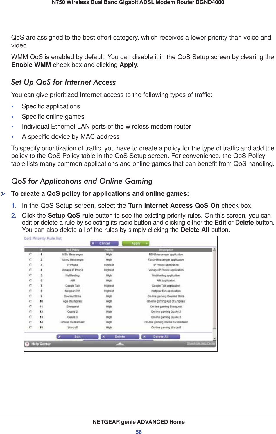 NETGEAR genie ADVANCED Home56N750 Wireless Dual Band Gigabit ADSL Modem Router DGND4000 QoS are assigned to the best effort category, which receives a lower priority than voice and video.WMM QoS is enabled by default. You can disable it in the QoS Setup screen by clearing the Enable WMM check box and clicking Apply.Set Up QoS for Internet AccessYou can give prioritized Internet access to the following types of traffic:•Specific applications•Specific online games•Individual Ethernet LAN ports of the wireless modem router•A specific device by MAC addressTo specify prioritization of traffic, you have to create a policy for the type of traffic and add the policy to the QoS Policy table in the QoS Setup screen. For convenience, the QoS Policy table lists many common applications and online games that can benefit from QoS handling.QoS for Applications and Online Gaming¾To create a QoS policy for applications and online games:1. In the QoS Setup screen, select the Turn Internet Access QoS On check box.2. Click the Setup QoS rule button to see the existing priority rules. On this screen, you can edit or delete a rule by selecting its radio button and clicking either the Edit or Delete button. You can also delete all of the rules by simply clicking the Delete All button.