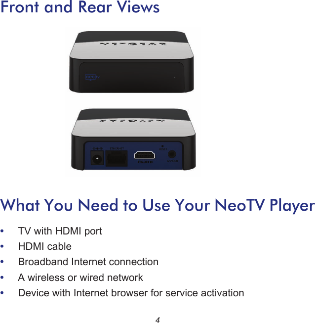 4Front and Rear ViewsWhat You Need to Use Your NeoTV Player•     TV with HDMI port•     HDMI cable•     Broadband Internet connection•     A wireless or wired network•     Device with Internet browser for service activation