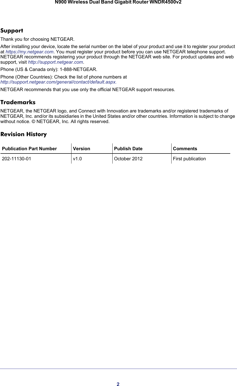 2N900 Wireless Dual Band Gigabit Router WNDR4500v2 SupportThank you for choosing NETGEAR. After installing your device, locate the serial number on the label of your product and use it to register your product at https://my.netgear.com. You must register your product before you can use NETGEAR telephone support. NETGEAR recommends registering your product through the NETGEAR web site. For product updates and web support, visit http://support.netgear.com.Phone (US &amp; Canada only): 1-888-NETGEAR.Phone (Other Countries): Check the list of phone numbers at http://support.netgear.com/general/contact/default.aspx.NETGEAR recommends that you use only the official NETGEAR support resources.TrademarksNETGEAR, the NETGEAR logo, and Connect with Innovation are trademarks and/or registered trademarks of NETGEAR, Inc. and/or its subsidiaries in the United States and/or other countries. Information is subject to change without notice. © NETGEAR, Inc. All rights reserved.Revision HistoryPublication Part Number Version  Publish Date Comments202-11130-01 v1.0 October 2012 First publication