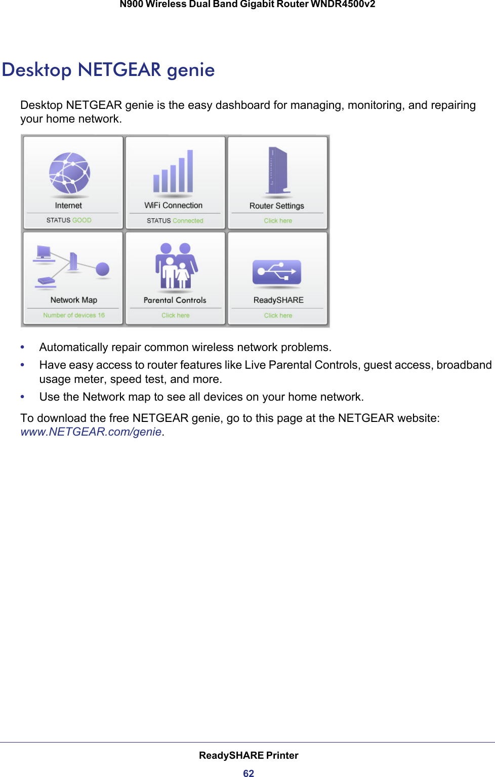 ReadySHARE Printer62N900 Wireless Dual Band Gigabit Router WNDR4500v2 Desktop NETGEAR genieDesktop NETGEAR genie is the easy dashboard for managing, monitoring, and repairing your home network. •Automatically repair common wireless network problems.•Have easy access to router features like Live Parental Controls, guest access, broadband usage meter, speed test, and more.•Use the Network map to see all devices on your home network.To download the free NETGEAR genie, go to this page at the NETGEAR website: www.NETGEAR.com/genie. 