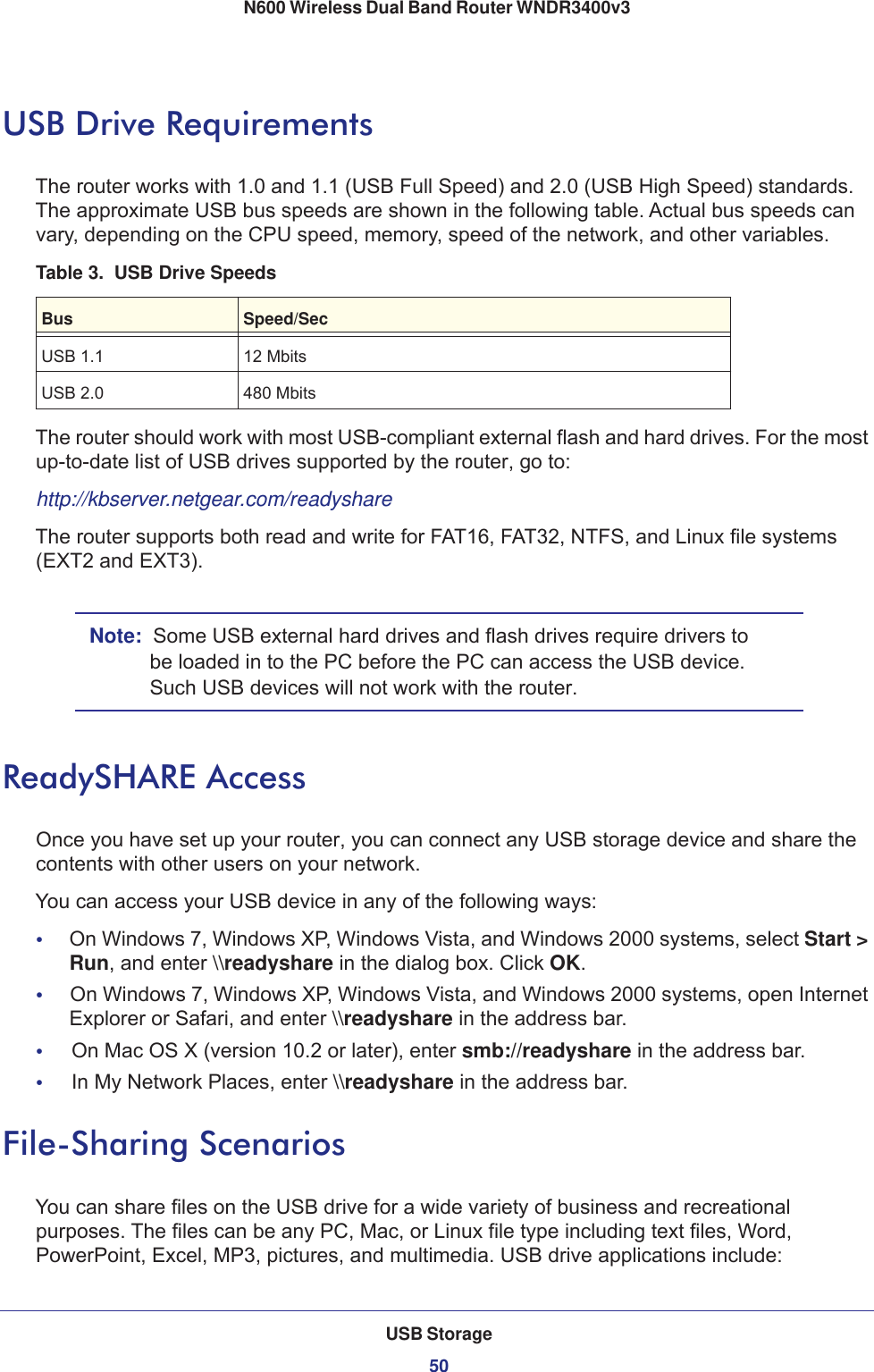 USB Storage50N600 Wireless Dual Band Router WNDR3400v3 USB Drive RequirementsThe router works with 1.0 and 1.1 (USB Full Speed) and 2.0 (USB High Speed) standards. The approximate USB bus speeds are shown in the following table. Actual bus speeds can vary, depending on the CPU speed, memory, speed of the network, and other variables.Table 3.  USB Drive SpeedsBus Speed/SecUSB 1.1 12 MbitsUSB 2.0 480 MbitsThe router should work with most USB-compliant external flash and hard drives. For the most up-to-date list of USB drives supported by the router, go to:http://kbserver.netgear.com/readyshareThe router supports both read and write for FAT16, FAT32, NTFS, and Linux file systems (EXT2 and EXT3).Note:  Some USB external hard drives and flash drives require drivers to be loaded in to the PC before the PC can access the USB device. Such USB devices will not work with the router.ReadySHARE AccessOnce you have set up your router, you can connect any USB storage device and share the contents with other users on your network.You can access your USB device in any of the following ways:•     On Windows 7, Windows XP, Windows Vista, and Windows 2000 systems, select Start &gt; Run, and enter \\readyshare in the dialog box. Click OK.•     On Windows 7, Windows XP, Windows Vista, and Windows 2000 systems, open Internet Explorer or Safari, and enter \\readyshare in the address bar.•     On Mac OS X (version 10.2 or later), enter smb://readyshare in the address bar.•     In My Network Places, enter \\readyshare in the address bar.File-Sharing ScenariosYou can share files on the USB drive for a wide variety of business and recreational purposes. The files can be any PC, Mac, or Linux file type including text files, Word, PowerPoint, Excel, MP3, pictures, and multimedia. USB drive applications include: