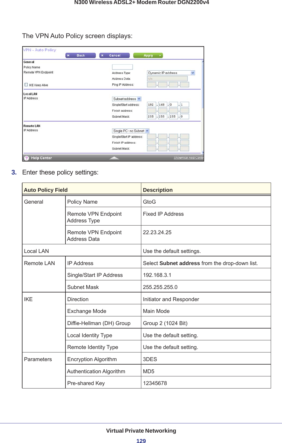 Virtual Private Networking129 N300 Wireless ADSL2+ Modem Router DGN2200v4The VPN Auto Policy screen displays:3.  Enter these policy settings:Auto Policy Field DescriptionGeneral Policy Name GtoGRemote VPN Endpoint Address TypeFixed IP AddressRemote VPN Endpoint Address Data22.23.24.25Local LAN Use the default settings.Remote LAN IP Address Select Subnet address from the drop-down list.Single/Start IP Address 192.168.3.1Subnet Mask 255.255.255.0IKE Direction Initiator and ResponderExchange Mode Main ModeDiffie-Hellman (DH) Group Group 2 (1024 Bit)Local Identity Type Use the default setting.Remote Identity Type Use the default setting.Parameters Encryption Algorithm 3DESAuthentication Algorithm MD5Pre-shared Key 12345678