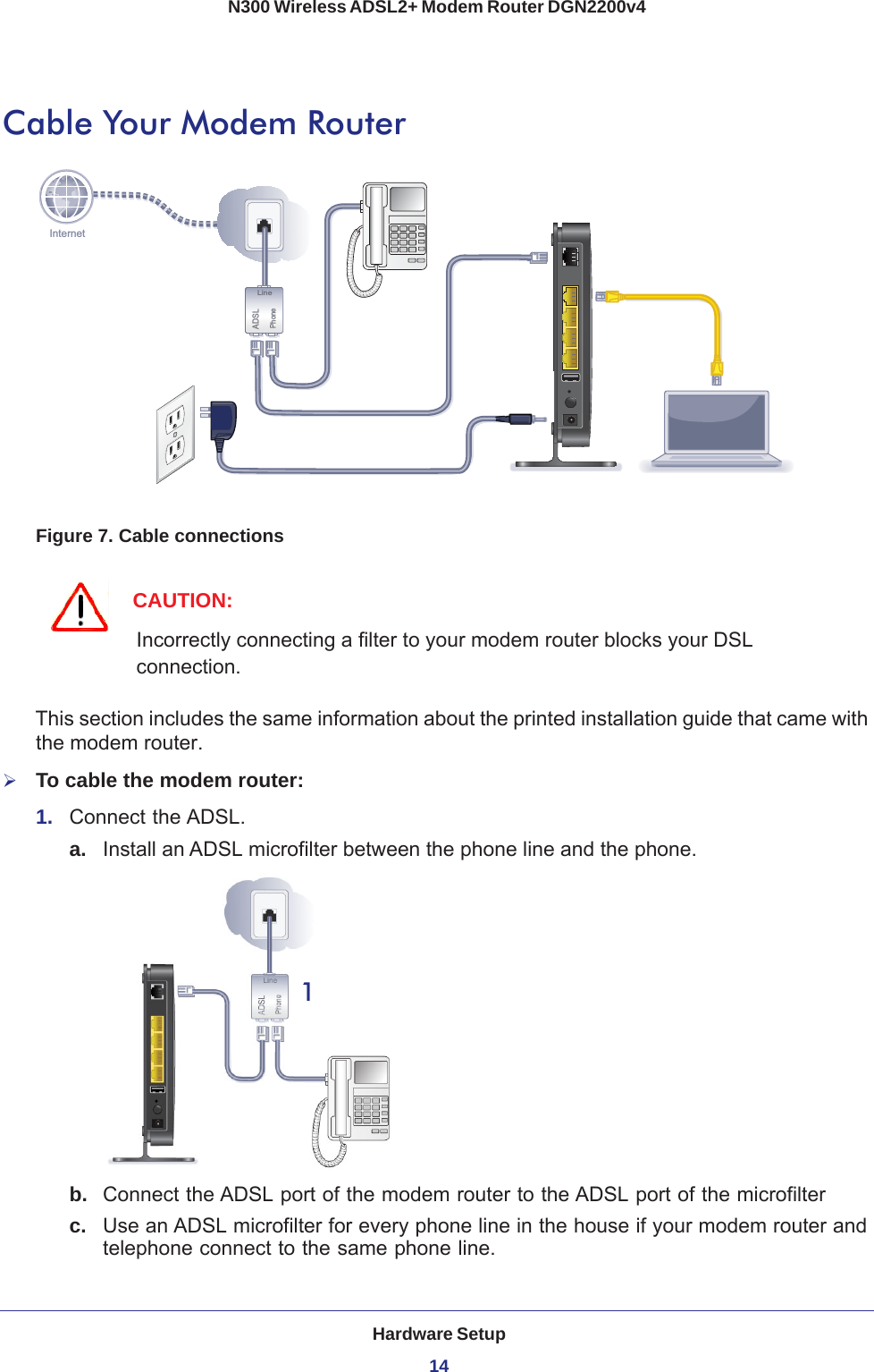 Hardware Setup14N300 Wireless ADSL2+ Modem Router DGN2200v4 Cable Your Modem RouterInternetADSLPhoneLineFigure 7. Cable connectionsCAUTION:Incorrectly connecting a filter to your modem router blocks your DSL connection.This section includes the same information about the printed installation guide that came with the modem router. To cable the modem router:1.  Connect the ADSL.a.1Install an ADSL microfilter between the phone line and the phone.b.  Connect the ADSL port of the modem router to the ADSL port of the microfilterc.  Use an ADSL microfilter for every phone line in the house if your modem router and telephone connect to the same phone line. 