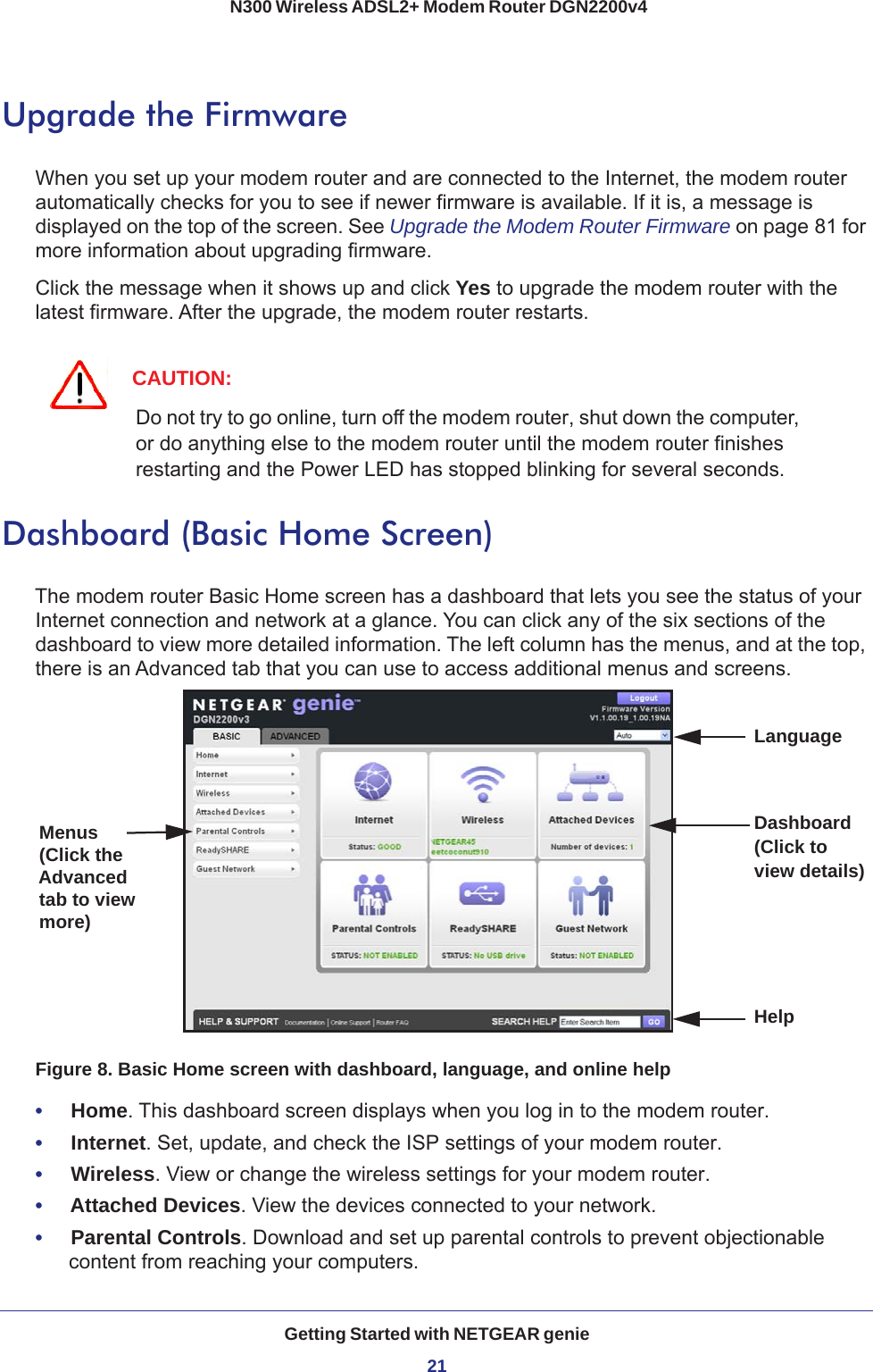 Getting Started with NETGEAR genie21 N300 Wireless ADSL2+ Modem Router DGN2200v4Upgrade the FirmwareWhen you set up your modem router and are connected to the Internet, the modem router automatically checks for you to see if newer firmware is available. If it is, a message is displayed on the top of the screen. See Upgrade the Modem Router Firmware on page  81 for more information about upgrading firmware.Click the message when it shows up and click Yes to upgrade the modem router with the latest firmware. After the upgrade, the modem router restarts.CAUTION:Do not try to go online, turn off the modem router, shut down the computer, or do anything else to the modem router until the modem router finishes restarting and the Power LED has stopped blinking for several seconds.Dashboard (Basic Home Screen)The modem router Basic Home screen has a dashboard that lets you see the status of your Internet connection and network at a glance. You can click any of the six sections of the dashboard to view more detailed information. The left column has the menus, and at the top, there is an Advanced tab that you can use to access additional menus and screens.Menus (Click the Advanced tab to view more)LanguageHelp Dashboard (Click to view details)Figure 8. Basic Home screen with dashboard, language, and online help•     Home. This dashboard screen displays when you log in to the modem router. •     Internet. Set, update, and check the ISP settings of your modem router.•     Wireless. View or change the wireless settings for your modem router.•     Attached Devices. View the devices connected to your network.•     Parental Controls. Download and set up parental controls to prevent objectionable content from reaching your computers. 