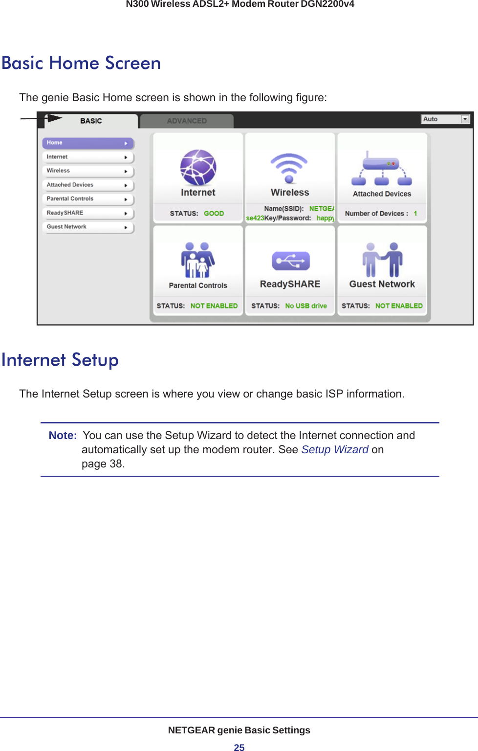 NETGEAR genie Basic Settings25 N300 Wireless ADSL2+ Modem Router DGN2200v4Basic Home ScreenThe genie Basic Home screen is shown in the following figure:Internet SetupThe Internet Setup screen is where you view or change basic ISP information.Note:  You can use the Setup Wizard to detect the Internet connection and automatically set up the modem router. See Setup Wizard on page  38.