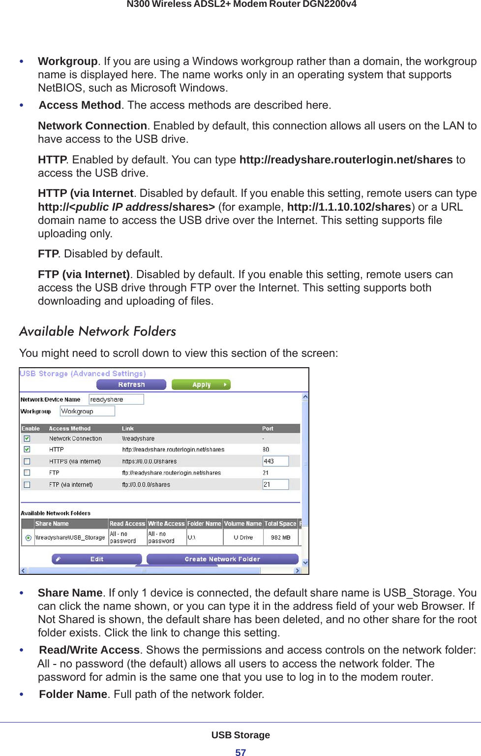 USB Storage57 N300 Wireless ADSL2+ Modem Router DGN2200v4•     Workgroup. If you are using a Windows workgroup rather than a domain, the workgroup name is displayed here. The name works only in an operating system that supports NetBIOS, such as Microsoft Windows.•     Access Method. The access methods are described here.Network Connection. Enabled by default, this connection allows all users on the LAN to have access to the USB drive.HTTP. Enabled by default. You can type http://readyshare.routerlogin.net/shares to access the USB drive.HTTP (via Internet. Disabled by default. If you enable this setting, remote users can type http://&lt;public IP address/shares&gt; (for example, http://1.1.10.102/shares) or a URL domain name to access the USB drive over the Internet. This setting supports file uploading only.FTP. Disabled by default.FTP (via Internet). Disabled by default. If you enable this setting, remote users can access the USB drive through FTP over the Internet. This setting supports both downloading and uploading of files.Available Network FoldersYou might need to scroll down to view this section of the screen:•     Share Name. If only 1 device is connected, the default share name is USB_Storage. You can click the name shown, or you can type it in the address field of your web Browser. If Not Shared is shown, the default share has been deleted, and no other share for the root folder exists. Click the link to change this setting.•     Read/Write Access. Shows the permissions and access controls on the network folder: All - no password (the default) allows all users to access the network folder. The password for admin is the same one that you use to log in to the modem router.•     Folder Name. Full path of the network folder. 