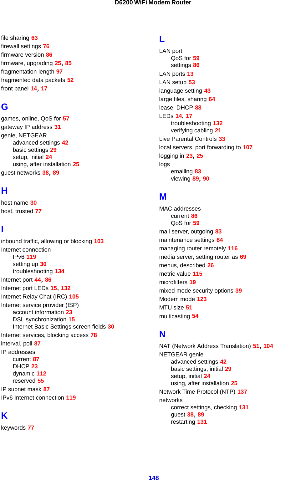 148D6200 WiFi Modem Routerfile sharing 63firewall settings 76firmware version 86firmware, upgrading 25, 85fragmentation length 97fragmented data packets 52front panel 14, 17Ggames, online, QoS for 57gateway IP address 31genie, NETGEARadvanced settings 42basic settings 29setup, initial 24using, after installation 25guest networks 38, 89Hhost name 30host, trusted 77Iinbound traffic, allowing or blocking 103Internet connectionIPv6 119setting up 30troubleshooting 134Internet port 44, 86Internet port LEDs 15, 132Internet Relay Chat (IRC) 105Internet service provider (ISP)account information 23DSL synchronization 15Internet Basic Settings screen fields 30Internet services, blocking access 78interval, poll 87IP addressescurrent 87DHCP 23dynamic 112reserved 55IP subnet mask 87IPv6 Internet connection 119Kkeywords 77LLAN portQoS for 59settings 86LAN ports 13LAN setup 53language setting 43large files, sharing 64lease, DHCP 88LEDs 14, 17troubleshooting 132verifying cabling 21Live Parental Controls 33local servers, port forwarding to 107logging in 23, 25logsemailing 83viewing 89, 90MMAC addressescurrent 86QoS for 59mail server, outgoing 83maintenance settings 84managing router remotely 116media server, setting router as 69menus, described 26metric value 115microfilters 19mixed mode security options 39Modem mode 123MTU size 51multicasting 54NNAT (Network Address Translation) 51, 104NETGEAR genieadvanced settings 42basic settings, initial 29setup, initial 24using, after installation 25Network Time Protocol (NTP) 137networkscorrect settings, checking 131guest 38, 89restarting 131