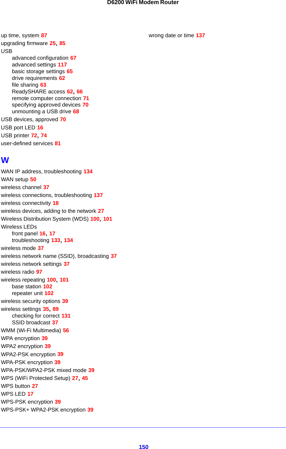 150D6200 WiFi Modem Routerup time, system 87upgrading firmware 25, 85USBadvanced configuration 67advanced settings 117basic storage settings 65drive requirements 62file sharing 63ReadySHARE access 62, 66remote computer connection 71specifying approved devices 70unmounting a USB drive 68USB devices, approved 70USB port LED 16USB printer 72, 74user-defined services 81WWAN IP address, troubleshooting 134WAN setup 50wireless channel 37wireless connections, troubleshooting 137wireless connectivity 18wireless devices, adding to the network 27Wireless Distribution System (WDS) 100, 101Wireless LEDsfront panel 16, 17troubleshooting 133, 134wireless mode 37wireless network name (SSID), broadcasting 37wireless network settings 37wireless radio 97wireless repeating 100, 101base station 102repeater unit 102wireless security options 39wireless settings 35, 89checking for correct 131SSID broadcast 37WMM (Wi-Fi Multimedia) 56WPA encryption 39WPA2 encryption 39WPA2-PSK encryption 39WPA-PSK encryption 39WPA-PSK/WPA2-PSK mixed mode 39WPS (WiFi Protected Setup) 27, 45WPS button 27WPS LED 17WPS-PSK encryption 39WPS-PSK+ WPA2-PSK encryption 39wrong date or time 137