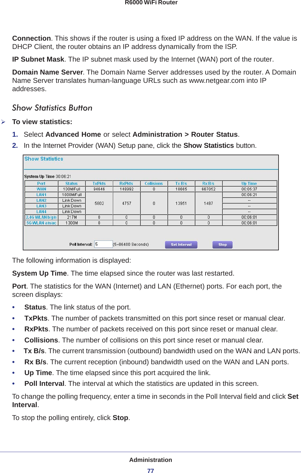 Administration77 R6000 WiFi RouterConnection. This shows if the router is using a fixed IP address on the WAN. If the value is DHCP Client, the router obtains an IP address dynamically from the ISP.IP Subnet Mask. The IP subnet mask used by the Internet (WAN) port of the router. Domain Name Server. The Domain Name Server addresses used by the router. A Domain Name Server translates human-language URLs such as www.netgear.com into IP addresses.Show Statistics ButtonTo view statistics:1.  Select Advanced Home or select Administration &gt; Router Status. 2.  In the Internet Provider (WAN) Setup pane, click the Show Statistics button.The following information is displayed:System Up Time. The time elapsed since the router was last restarted.Port. The statistics for the WAN (Internet) and LAN (Ethernet) ports. For each port, the screen displays:•     Status. The link status of the port.•     TxPkts. The number of packets transmitted on this port since reset or manual clear.•     RxPkts. The number of packets received on this port since reset or manual clear.•     Collisions. The number of collisions on this port since reset or manual clear.•     Tx B/s. The current transmission (outbound) bandwidth used on the WAN and LAN ports.•     Rx B/s. The current reception (inbound) bandwidth used on the WAN and LAN ports.•     Up Time. The time elapsed since this port acquired the link.•     Poll Interval. The interval at which the statistics are updated in this screen. To change the polling frequency, enter a time in seconds in the Poll Interval field and click Set Interval. To stop the polling entirely, click Stop.