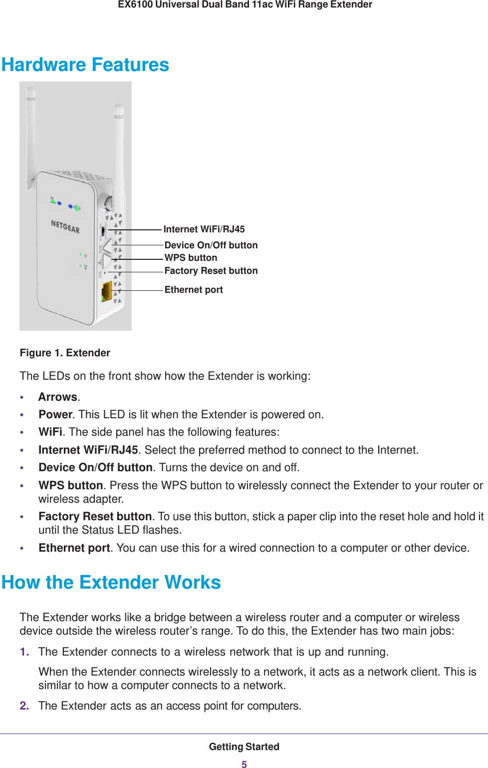 Getting Started5 EX6100 Universal Dual Band 11ac WiFi Range ExtenderHardware FeaturesFigure 1. ExtenderThe LEDs on the front show how the Extender is working:•Arrows. •Power. This LED is lit when the Extender is powered on.•WiFi. The side panel has the following features:•Internet WiFi/RJ45. Select the preferred method to connect to the Internet.•Device On/Off button. Turns the device on and off.•WPS button. Press the WPS button to wirelessly connect the Extender to your router or wireless adapter.•Factory Reset button. To use this button, stick a paper clip into the reset hole and hold it until the Status LED flashes.•Ethernet port. You can use this for a wired connection to a computer or other device.How the Extender WorksThe Extender works like a bridge between a wireless router and a computer or wireless device outside the wireless router’s range. To do this, the Extender has two main jobs:1. The Extender connects to a wireless network that is up and running. When the Extender connects wirelessly to a network, it acts as a network client. This is similar to how a computer connects to a network. 2. The Extender acts as an access point for computers. Ethernet portFactory Reset buttonWPS buttonDevice On/Off buttonInternet WiFi/RJ45