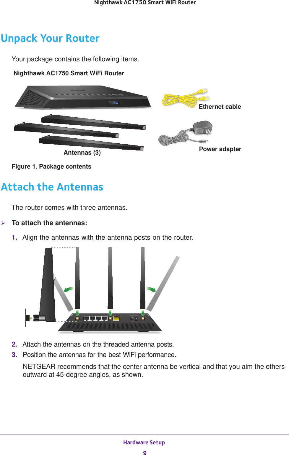 Hardware Setup 9 Nighthawk AC1750 Smart WiFi RouterUnpack Your RouterYour package contains the following items.Nighthawk AC1750 Smart WiFi Router Antennas (3)Ethernet cablePower adapterFigure 1. Package contentsAttach the AntennasThe router comes with three antennas.To attach the antennas:1.  Align the antennas with the antenna posts on the router.2.  Attach the antennas on the threaded antenna posts.3.  Position the antennas for the best WiFi performance.NETGEAR recommends that the center antenna be vertical and that you aim the others outward at 45-degree angles, as shown.