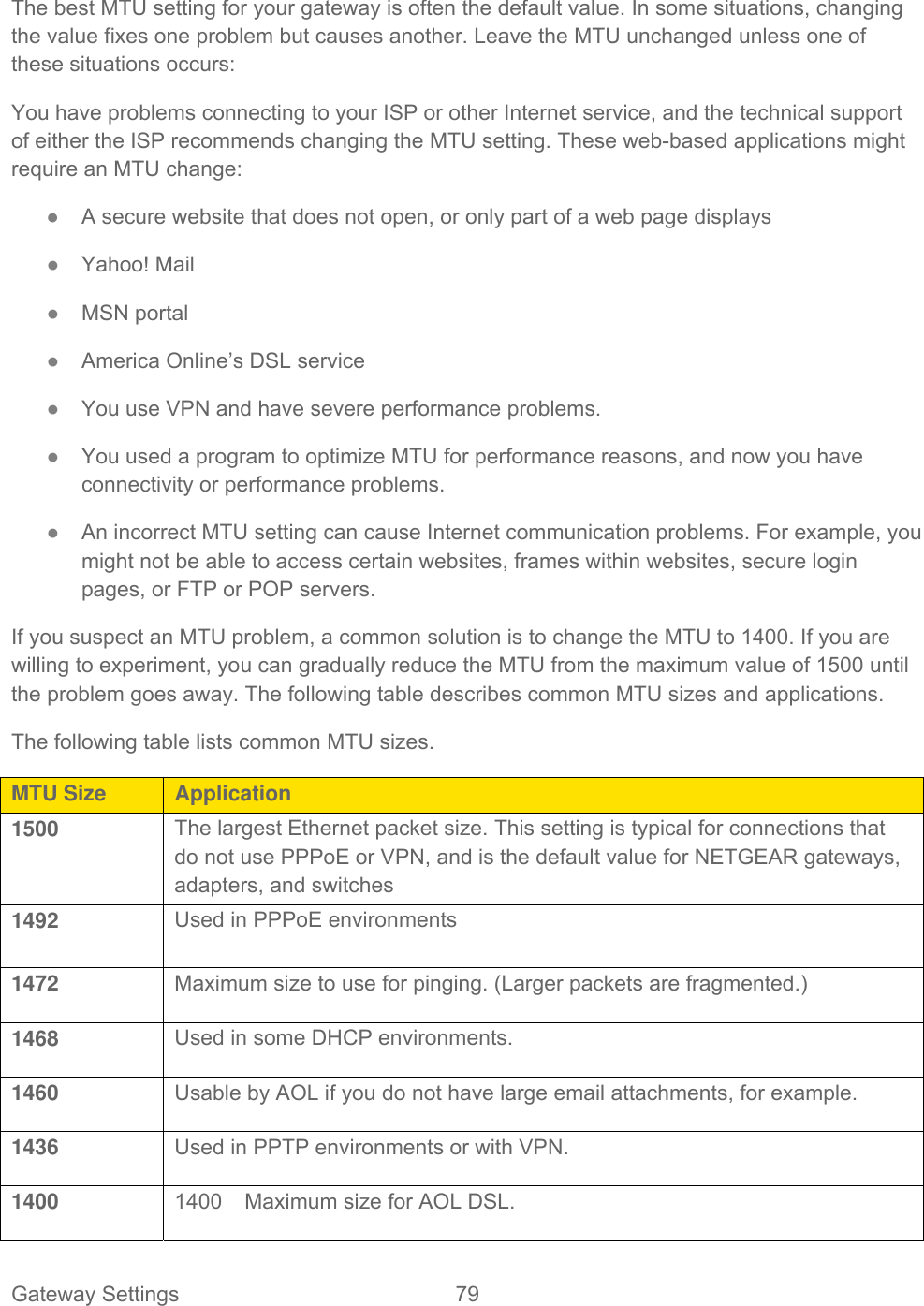 Gateway Settings  79   The best MTU setting for your gateway is often the default value. In some situations, changing the value fixes one problem but causes another. Leave the MTU unchanged unless one of these situations occurs: You have problems connecting to your ISP or other Internet service, and the technical support of either the ISP recommends changing the MTU setting. These web-based applications might require an MTU change: ● A secure website that does not open, or only part of a web page displays ● Yahoo! Mail ● MSN portal ● America Online’s DSL service ● You use VPN and have severe performance problems. ● You used a program to optimize MTU for performance reasons, and now you have connectivity or performance problems. ● An incorrect MTU setting can cause Internet communication problems. For example, you might not be able to access certain websites, frames within websites, secure login pages, or FTP or POP servers. If you suspect an MTU problem, a common solution is to change the MTU to 1400. If you are willing to experiment, you can gradually reduce the MTU from the maximum value of 1500 until the problem goes away. The following table describes common MTU sizes and applications.  The following table lists common MTU sizes. MTU Size  Application 1500  The largest Ethernet packet size. This setting is typical for connections that do not use PPPoE or VPN, and is the default value for NETGEAR gateways, adapters, and switches 1492  Used in PPPoE environments  1472  Maximum size to use for pinging. (Larger packets are fragmented.) 1468  Used in some DHCP environments. 1460  Usable by AOL if you do not have large email attachments, for example. 1436  Used in PPTP environments or with VPN. 1400  1400  Maximum size for AOL DSL. 