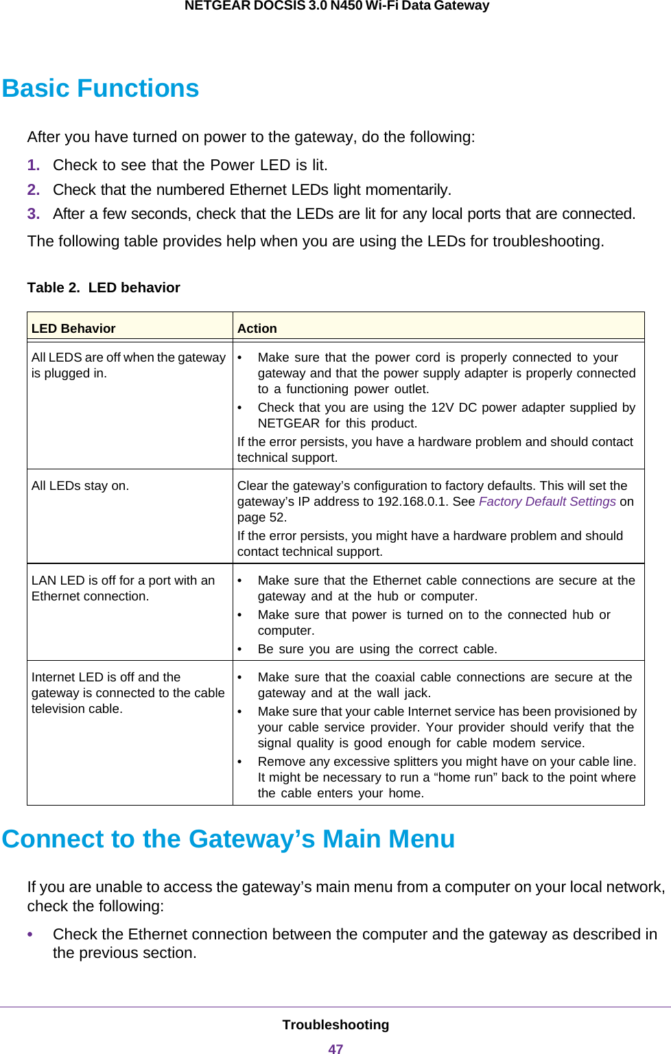 Troubleshooting47 NETGEAR DOCSIS 3.0 N450 Wi-Fi Data GatewayBasic FunctionsAfter you have turned on power to the gateway, do the following:1. Check to see that the Power LED is lit.2. Check that the numbered Ethernet LEDs light momentarily.3. After a few seconds, check that the LEDs are lit for any local ports that are connected.The following table provides help when you are using the LEDs for troubleshooting.Table 2.  LED behaviorConnect to the Gateway’s Main MenuIf you are unable to access the gateway’s main menu from a computer on your local network, check the following:•Check the Ethernet connection between the computer and the gateway as described in the previous section.LED Behavior ActionAll LEDS are off when the gateway is plugged in.• Make sure that the power cord is properly connected to your gateway and that the power supply adapter is properly connected to a functioning power outlet. • Check that you are using the 12V DC power adapter supplied by NETGEAR for this product.If the error persists, you have a hardware problem and should contact technical support.All LEDs stay on. Clear the gateway’s configuration to factory defaults. This will set the gateway’s IP address to 192.168.0.1. See Factory Default Settings on page 52. If the error persists, you might have a hardware problem and should contact technical support.LAN LED is off for a port with an Ethernet connection.• Make sure that the Ethernet cable connections are secure at the gateway and at the hub or computer.• Make sure that power is turned on to the connected hub or computer.• Be sure you are using the correct cable.Internet LED is off and the gateway is connected to the cable television cable.• Make sure that the coaxial cable connections are secure at the gateway and at the wall jack.• Make sure that your cable Internet service has been provisioned by your cable service provider. Your provider should verify that the signal quality is good enough for cable modem service.• Remove any excessive splitters you might have on your cable line. It might be necessary to run a “home run” back to the point where the cable enters your home.