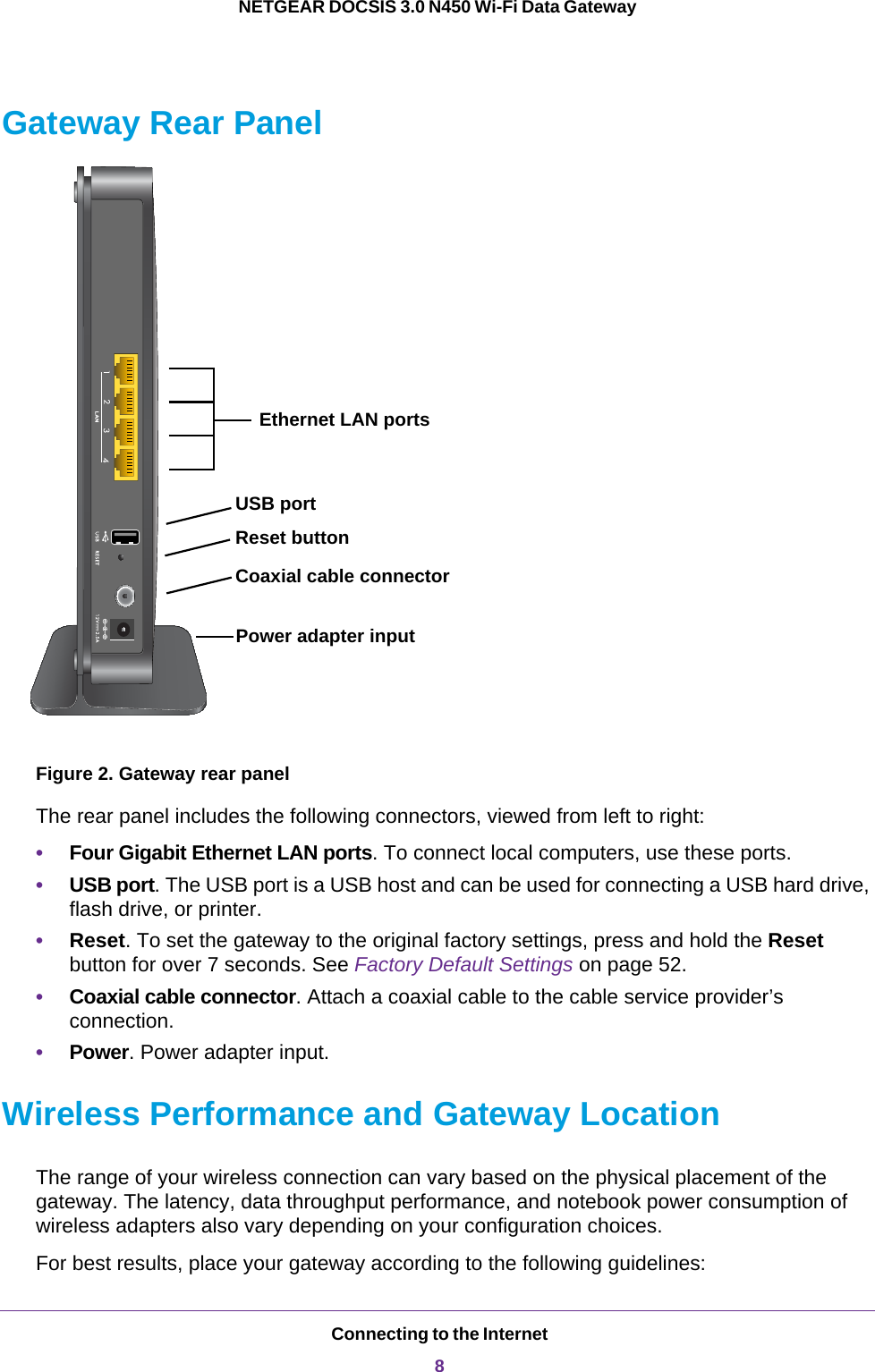 Connecting to the Internet8NETGEAR DOCSIS 3.0 N450 Wi-Fi Data Gateway Gateway Rear PanelEthernet LAN portsCoaxial cable connectorUSB portPower adapter inputReset buttonFigure 2. Gateway rear panelThe rear panel includes the following connectors, viewed from left to right:•Four Gigabit Ethernet LAN ports. To connect local computers, use these ports.•USB port. The USB port is a USB host and can be used for connecting a USB hard drive, flash drive, or printer. •Reset. To set the gateway to the original factory settings, press and hold the Reset button for over 7 seconds. See Factory Default Settings on page  52.•Coaxial cable connector. Attach a coaxial cable to the cable service provider’s connection.•Power. Power adapter input.Wireless Performance and Gateway LocationThe range of your wireless connection can vary based on the physical placement of the gateway. The latency, data throughput performance, and notebook power consumption of wireless adapters also vary depending on your configuration choices.For best results, place your gateway according to the following guidelines: