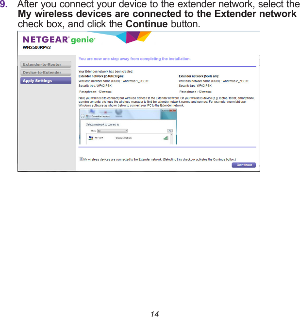 149. After you connect your device to the extender network, select the My wireless devices are connected to the Extender network check box, and click the Continue button.