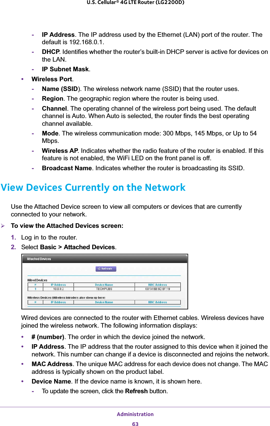 Administration63 U.S. Cellular® 4G LTE Router (LG2200D)-IP Address. The IP address used by the Ethernet (LAN) port of the router. The default is 192.168.0.1.-DHCP. Identifies whether the router’s built-in DHCP server is active for devices on the LAN.-IP Subnet Mask.•Wireless Port.-Name (SSID). The wireless network name (SSID) that the router uses.-Region.The geographic region where the router is being used. -Channel.The operating channel of the wireless port being used. The default channel is Auto. When Auto is selected, the router finds the best operating channel available.-Mode. The wireless communication mode: 300 Mbps, 145 Mbps, or Up to 54 Mbps.-Wireless AP. Indicates whether the radio feature of the router is enabled. If this feature is not enabled, the WiFi LED on the front panel is off.-Broadcast Name. Indicates whether the router is broadcasting its SSID.View Devices Currently on the NetworkUse the Attached Device screen to view all computers or devices that are currently connected to your network.¾To view the Attached Devices screen:1. Log in to the router.2. Select Basic &gt; Attached Devices.Wired devices are connected to the router with Ethernet cables. Wireless devices have joined the wireless network. The following information displays:•# (number). The order in which the device joined the network.•IP Address.The IP address that the router assigned to this device when it joined the network. This number can change if a device is disconnected and rejoins the network.•MAC Address.The unique MAC address for each device does not change. The MAC address is typically shown on the product label.•Device Name. If the device name is known, it is shown here. -To update the screen, click the Refresh button.