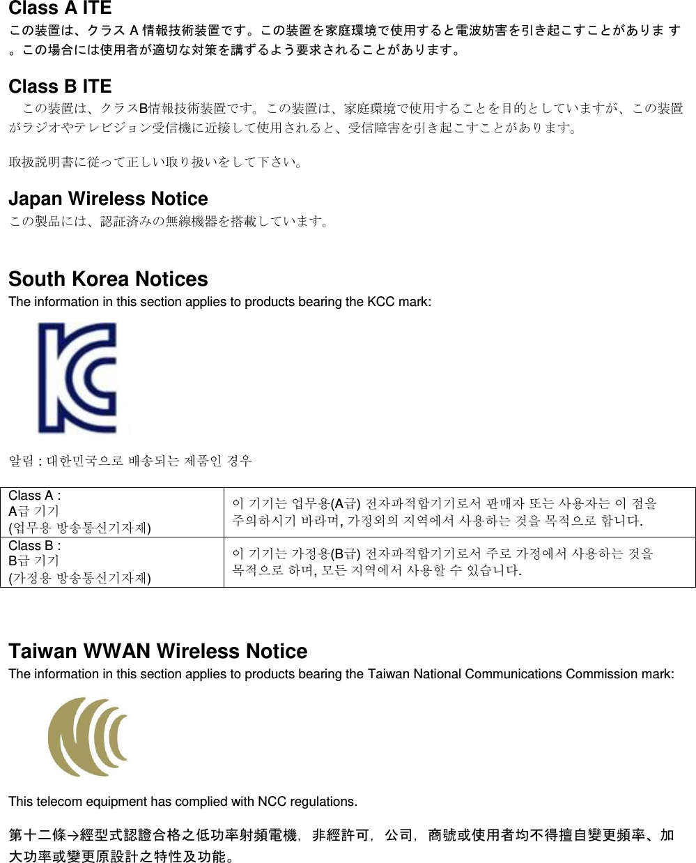   Class A ITE この装置は、クラス A 情報技術装置です。この装置を家庭環境で使用すると電波妨害を引き起こすことがありま す。この場合には使用者が適切な対策を講ずるよう要求されることがあります。 Class B ITE この装置は、クラスB情報技術装置です。この装置は、家庭環境で使用することを目的としていますが、この装置がラジオやテレビジョン受信機に近接して使用されると、受信障害を引き起こすことがあります。 取扱説明書に従って正しい取り扱いをして下さい。 Japan Wireless Notice この製品には、認証済みの無線機器を搭載しています。 South Korea Notices  The information in this section applies to products bearing the KCC mark:     알림 : 대한민국으로 배송되는 제품인 경우 Class A :  A급 기기 (업무용 방송통신기자재) 이 기기는 업무용(A급) 전자파적합기기로서 판매자 또는 사용자는 이 점을 주의하시기 바라며, 가정외의 지역에서 사용하는 것을 목적으로 합니다. Class B :  B급 기기 (가정용 방송통신기자재) 이 기기는 가정용(B급) 전자파적합기기로서 주로 가정에서 사용하는 것을 목적으로 하며, 모든 지역에서 사용할 수 있습니다.  Taiwan WWAN Wireless Notice  The information in this section applies to products bearing the Taiwan National Communications Commission mark:    This telecom equipment has complied with NCC regulations.  第十二條→經型式認證合格之低功率射頻電機，非經許可，公司，商號或使用者均不得擅自變更頻率、加大功率或變更原設計之特性及功能。 