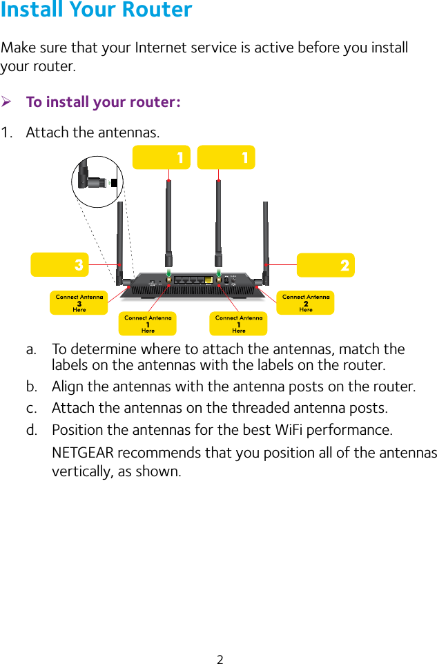 2Install Your RouterMake sure that your Internet service is active before you install your router. ¾To install your router:1.  Attach the antennas.a.  To determine where to attach the antennas, match the labels on the antennas with the labels on the router.b.  Align the antennas with the antenna posts on the router.c.  Attach the antennas on the threaded antenna posts.d.  Position the antennas for the best WiFi performance.NETGEAR recommends that you position all of the antennas vertically, as shown.