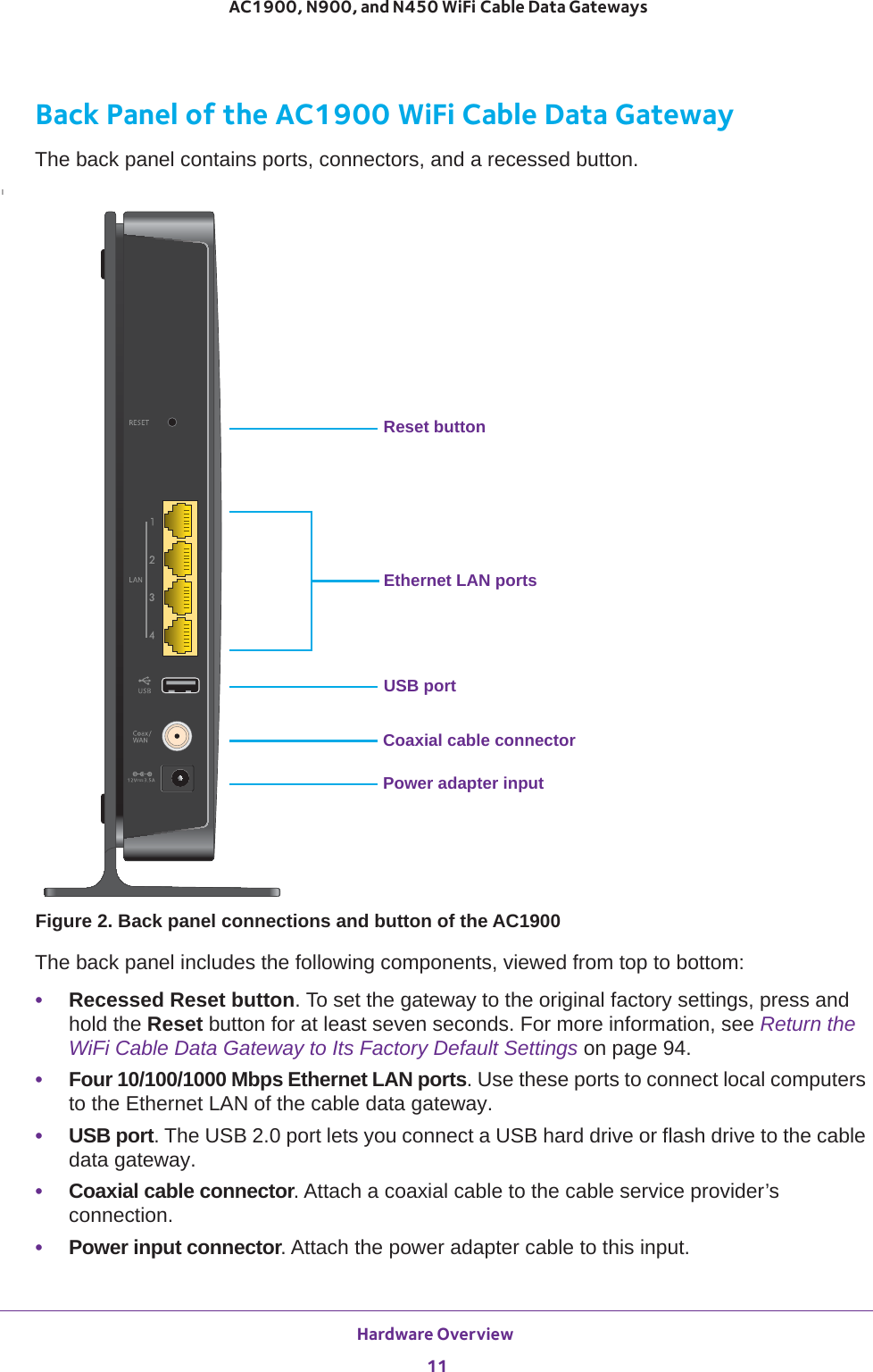Hardware Overview 11 AC1900, N900, and N450 WiFi Cable Data GatewaysBack Panel of the AC1900 WiFi Cable Data GatewayThe back panel contains ports, connectors, and a recessed button.lPower adapter inputEthernet LAN portsCoaxial cable connectorReset buttonUSB portFigure 2. Back panel connections and button of the AC1900The back panel includes the following components, viewed from top to bottom:•Recessed Reset button. To set the gateway to the original factory settings, press and hold the Reset button for at least seven seconds. For more information, see Return the WiFi Cable Data Gateway to Its Factory Default Settings on page  94.•Four 10/100/1000 Mbps Ethernet LAN ports. Use these ports to connect local computers to the Ethernet LAN of the cable data gateway.•USB port. The USB 2.0 port lets you connect a USB hard drive or flash drive to the cable data gateway.•Coaxial cable connector. Attach a coaxial cable to the cable service provider’s connection.•Power input connector. Attach the power adapter cable to this input.