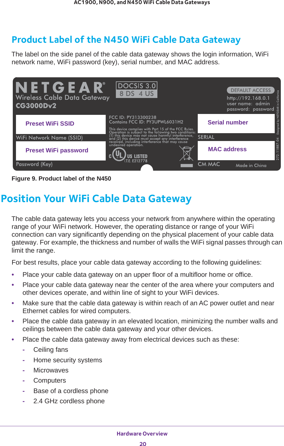 Hardware Overview 20AC1900, N900, and N450 WiFi Cable Data Gateways Product Label of the N450 WiFi Cable Data GatewayThe label on the side panel of the cable data gateway shows the login information, WiFi network name, WiFi password (key), serial number, and MAC address.Preset WiFi SSIDPreset WiFi passwordSerial numberMAC addressFigure 9. Product label of the N450Position Your WiFi Cable Data GatewayThe cable data gateway lets you access your network from anywhere within the operating range of your WiFi network. However, the operating distance or range of your WiFi connection can vary significantly depending on the physical placement of your cable data gateway. For example, the thickness and number of walls the WiFi signal passes through can limit the range. For best results, place your cable data gateway according to the following guidelines: •Place your cable data gateway on an upper floor of a multifloor home or office.•Place your cable data gateway near the center of the area where your computers and other devices operate, and within line of sight to your WiFi devices.•Make sure that the cable data gateway is within reach of an AC power outlet and near Ethernet cables for wired computers.•Place the cable data gateway in an elevated location, minimizing the number walls and ceilings between the cable data gateway and your other devices. •Place the cable data gateway away from electrical devices such as these:-Ceiling fans-Home security systems-Microwaves-Computers-Base of a cordless phone-2.4 GHz cordless phone