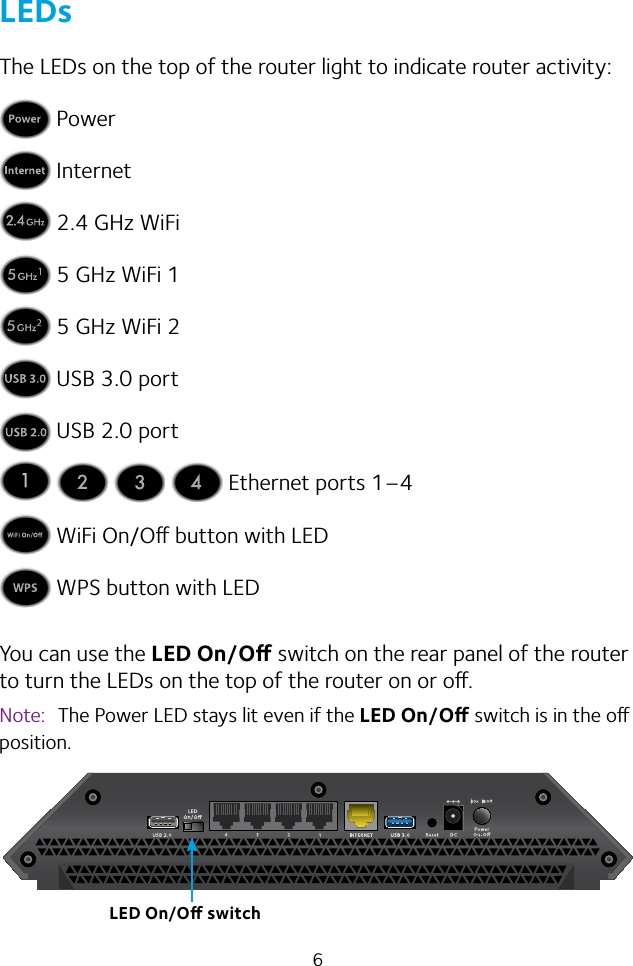 6LEDsThe LEDs on the top of the router light to indicate router activity: Power Internet 2.4 GHz WiFi 5 GHz WiFi 1 5 GHz WiFi 2 USB 3.0 port USB 2.0 port       Ethernet ports 1–4 WiFi On/O button with LED WPS button with LEDYou can use the LED On/O switch on the rear panel of the router to turn the LEDs on the top of the router on or o.Note:  The Power LED stays lit even if the LED On/O switch is in the o position.LED On/O switch