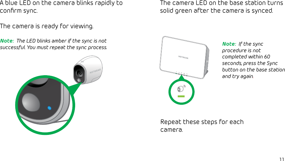 11A blue LED on the camera blinks rapidly to conﬁrm sync. The camera is ready for viewing. Note:  The LED blinks amber if the sync is not successful. You must repeat the sync process.The camera LED on the base station turns solid green after the camera is synced. Repeat these steps for each camera.Note:  If the sync procedure is not completed within 60 seconds, press the Sync button on the base station and try again.