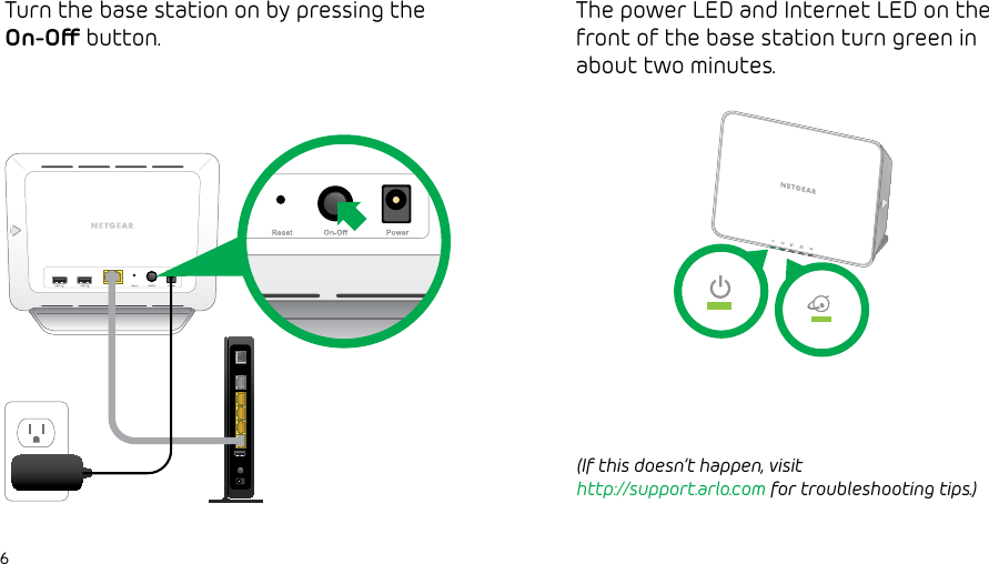 6Turn the base station on by pressing the On-O button.The power LED and Internet LED on the front of the base station turn green in about two minutes.(If this doesn’t happen, visit http://support.arlo.com for troubleshooting tips.)