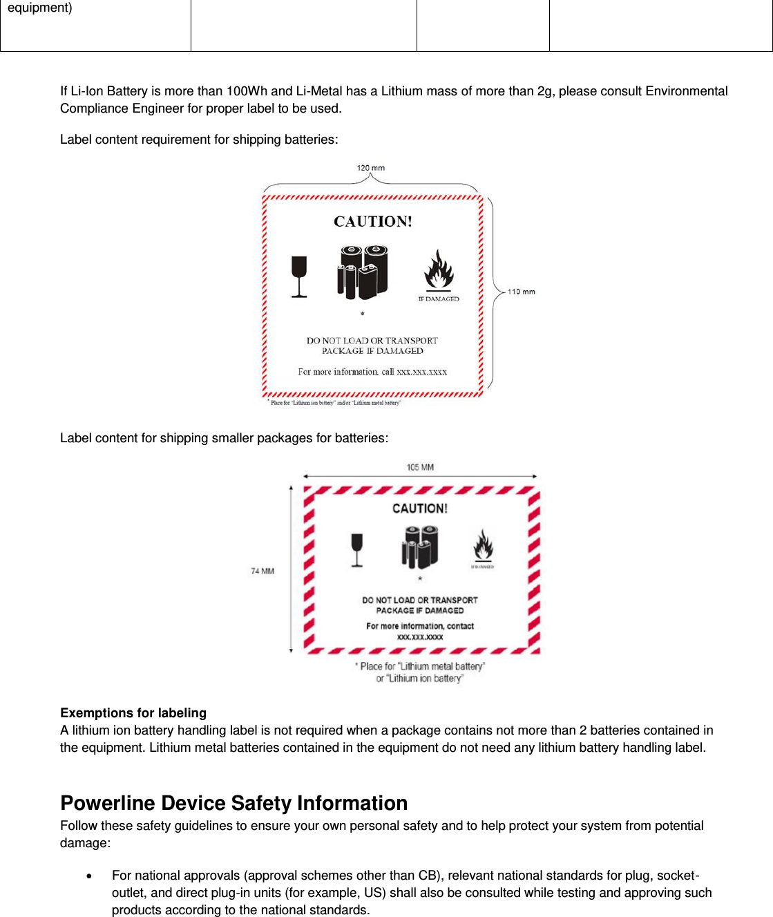  equipment)  If Li-Ion Battery is more than 100Wh and Li-Metal has a Lithium mass of more than 2g, please consult Environmental Compliance Engineer for proper label to be used. Label content requirement for shipping batteries:   Label content for shipping smaller packages for batteries:   Exemptions for labeling A lithium ion battery handling label is not required when a package contains not more than 2 batteries contained in the equipment. Lithium metal batteries contained in the equipment do not need any lithium battery handling label. Powerline Device Safety Information Follow these safety guidelines to ensure your own personal safety and to help protect your system from potential damage:   For national approvals (approval schemes other than CB), relevant national standards for plug, socket-outlet, and direct plug-in units (for example, US) shall also be consulted while testing and approving such products according to the national standards.  