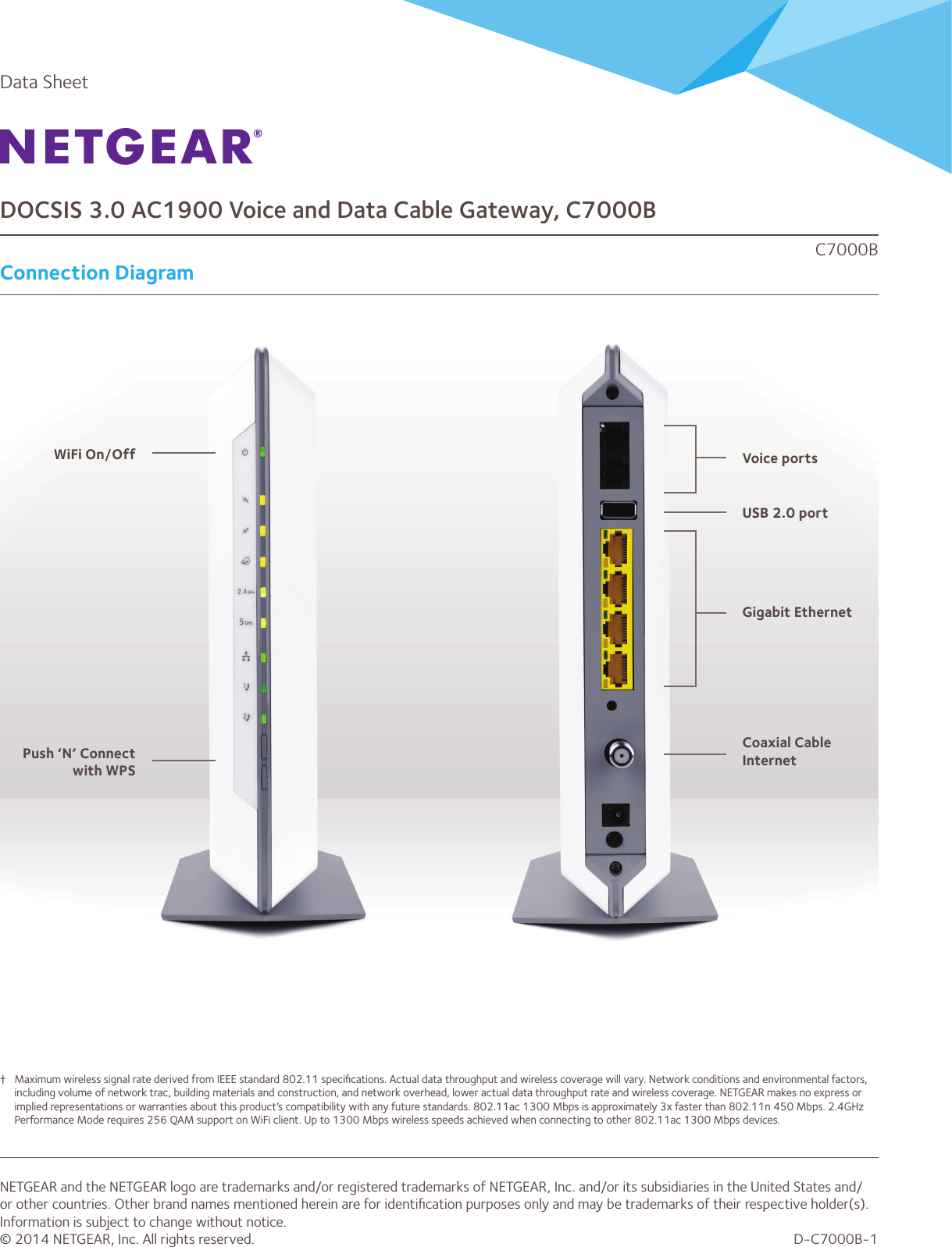 Data SheetDOCSIS 3.0 AC1900 Voice and Data Cable Gateway, C7000BC7000BConnection DiagramNETGEAR and the NETGEAR logo are trademarks and/or registered trademarks of NETGEAR, Inc. and/or its subsidiaries in the United States and/or other countries. Other brand names mentioned herein are for identiﬁcation purposes only and may be trademarks of their respective holder(s). Information is subject to change without notice.© 2014 NETGEAR, Inc. All rights reserved. D-C7000B-1Push ‘N’ Connect with WPSWiFi On/Off Voice portsUSB 2.0 portGigabit EthernetCoaxial Cable Internet†  Maximum wireless signal rate derived from IEEE standard 802.11 speciﬁcations. Actual data throughput and wireless coverage will vary. Network conditions and environmental factors, including volume of network trac, building materials and construction, and network overhead, lower actual data throughput rate and wireless coverage. NETGEAR makes no express or implied representations or warranties about this product’s compatibility with any future standards. 802.11ac 1300 Mbps is approximately 3x faster than 802.11n 450 Mbps. 2.4GHz Performance Mode requires 256 QAM support on WiFi client. Up to 1300 Mbps wireless speeds achieved when connecting to other 802.11ac 1300 Mbps devices.